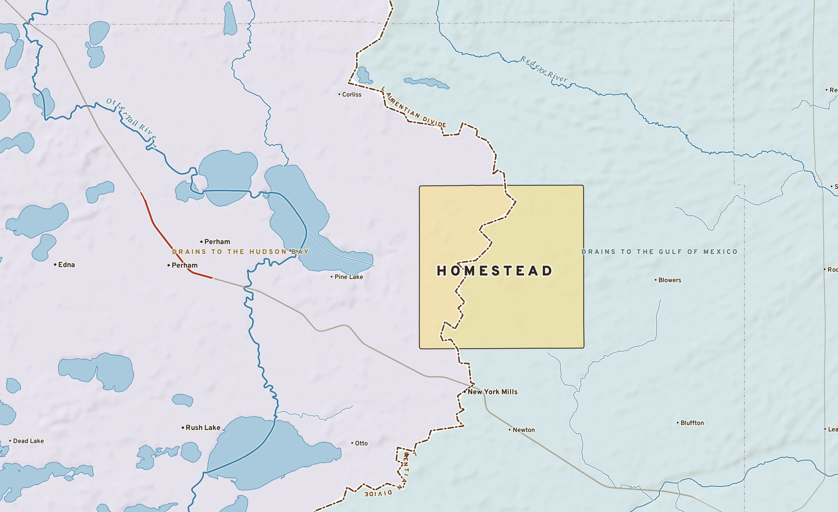 Shaded-relief atlas plate of Homestead, Minnesota: rivers, roads, the city limits and where the water drains.