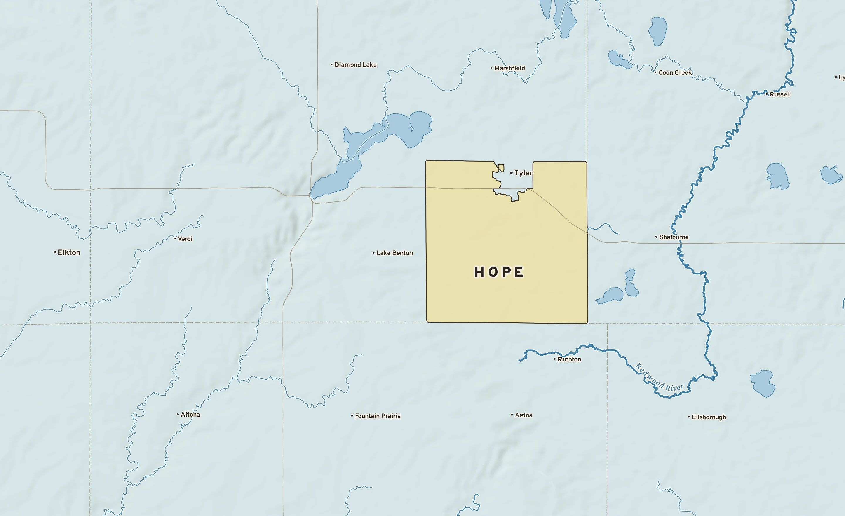 Shaded-relief atlas plate of Hope, Minnesota: rivers, roads, the city limits and where the water drains.