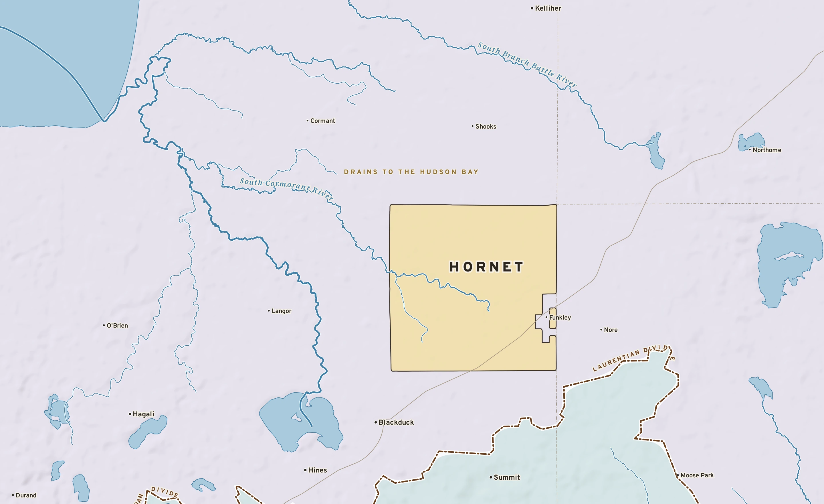 Shaded-relief atlas plate of Hornet, Minnesota: rivers, roads, the city limits and where the water drains.