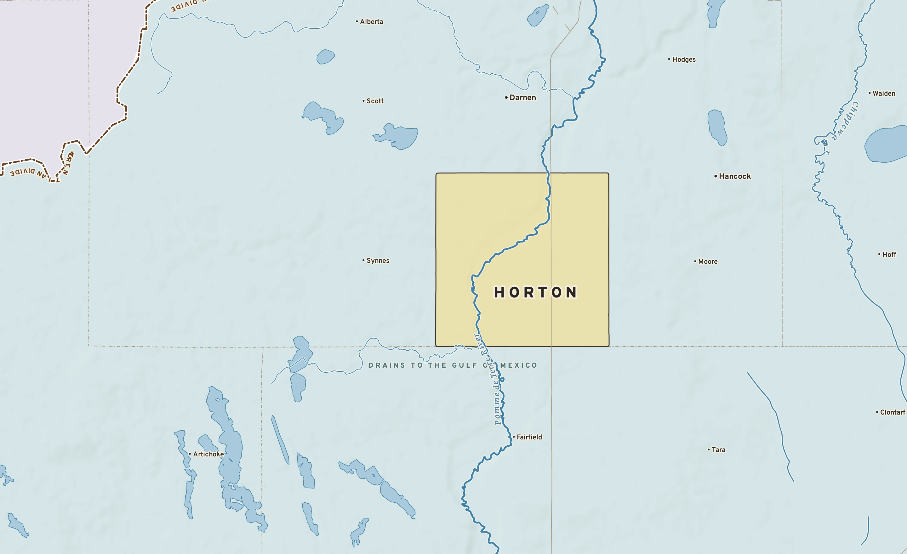 Shaded-relief atlas plate of Horton, Minnesota: rivers, roads, the city limits and where the water drains.