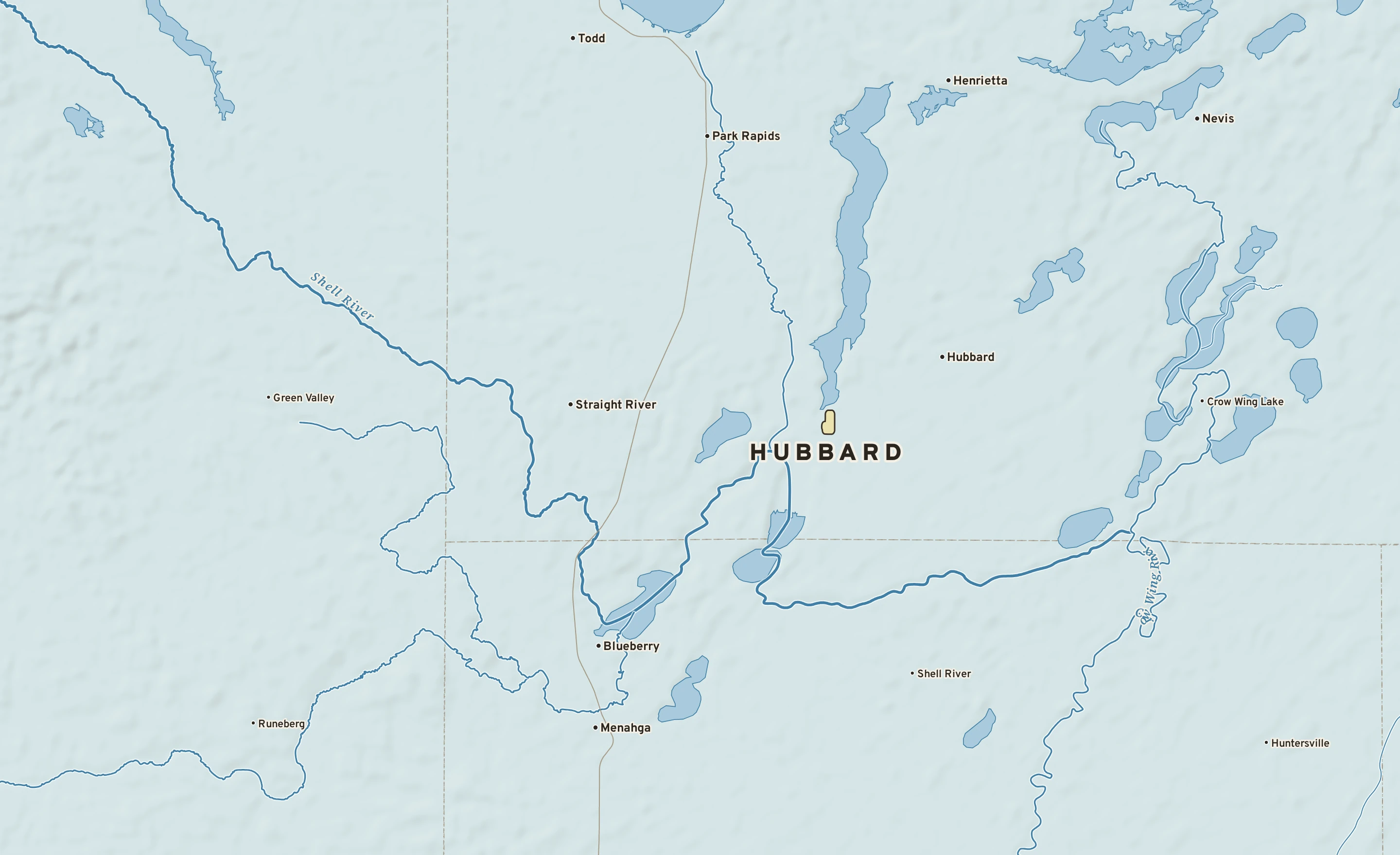 Shaded-relief atlas plate of Hubbard, Minnesota: rivers, roads, the city limits and where the water drains.