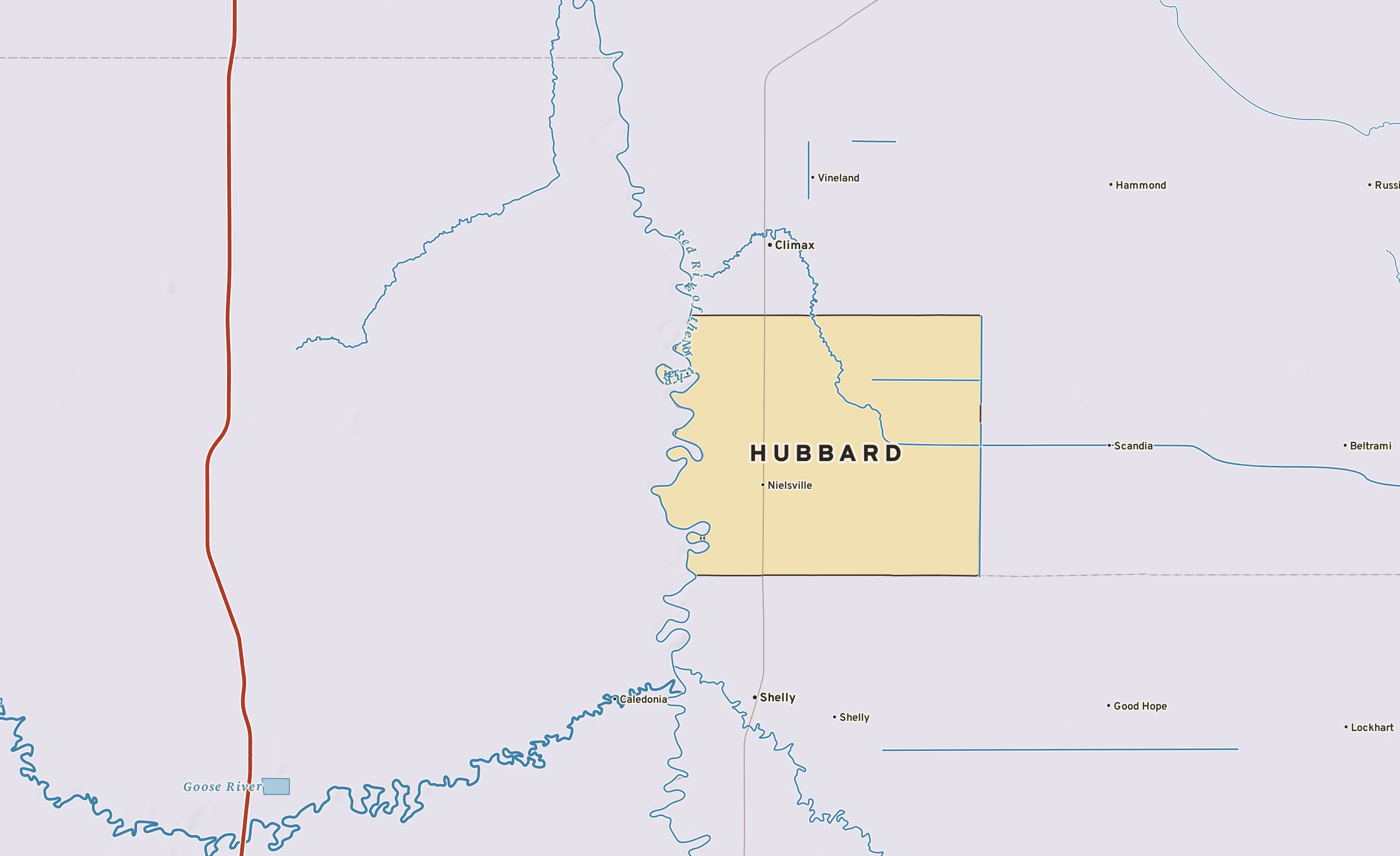 Shaded-relief atlas plate of Hubbard, Minnesota: rivers, roads, the city limits and where the water drains.