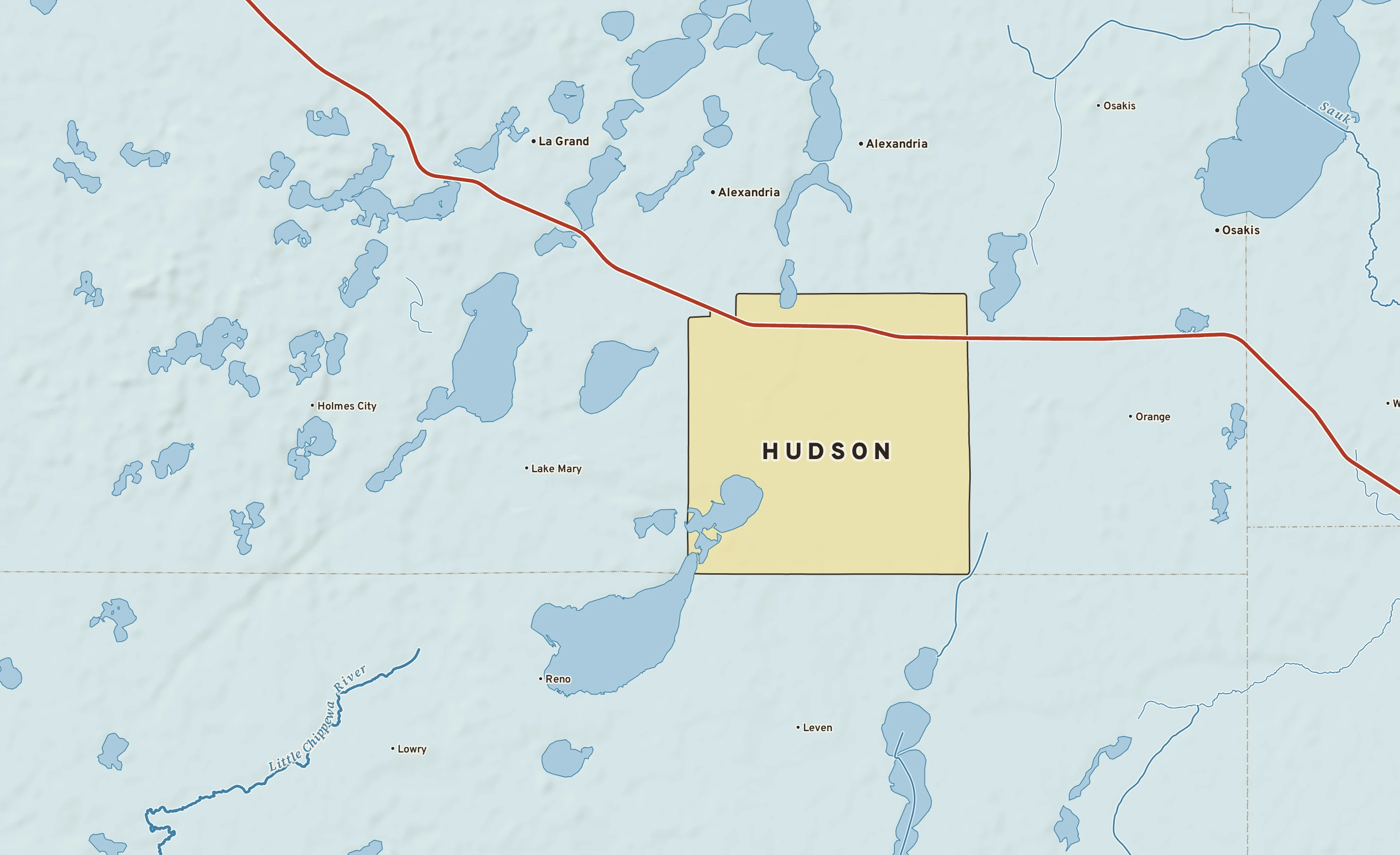 Shaded-relief atlas plate of Hudson, Minnesota: rivers, roads, the city limits and where the water drains.
