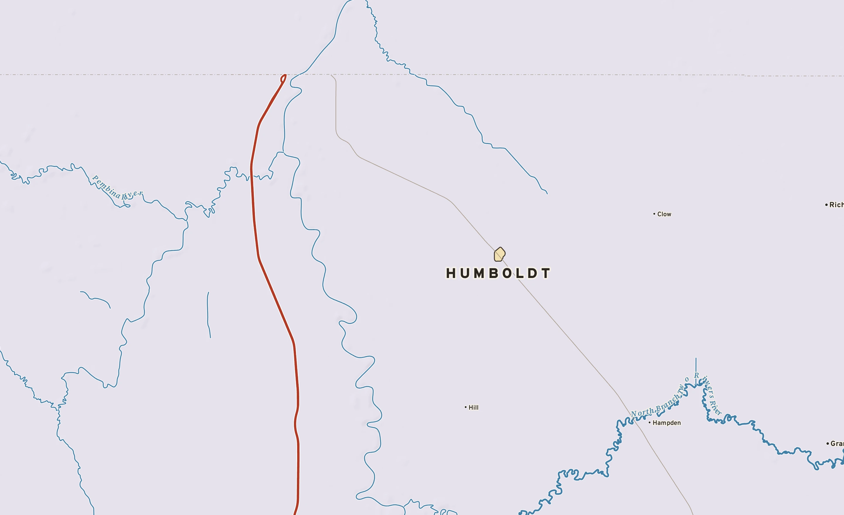 Shaded-relief atlas plate of Humboldt, Minnesota: rivers, roads, the city limits and where the water drains.