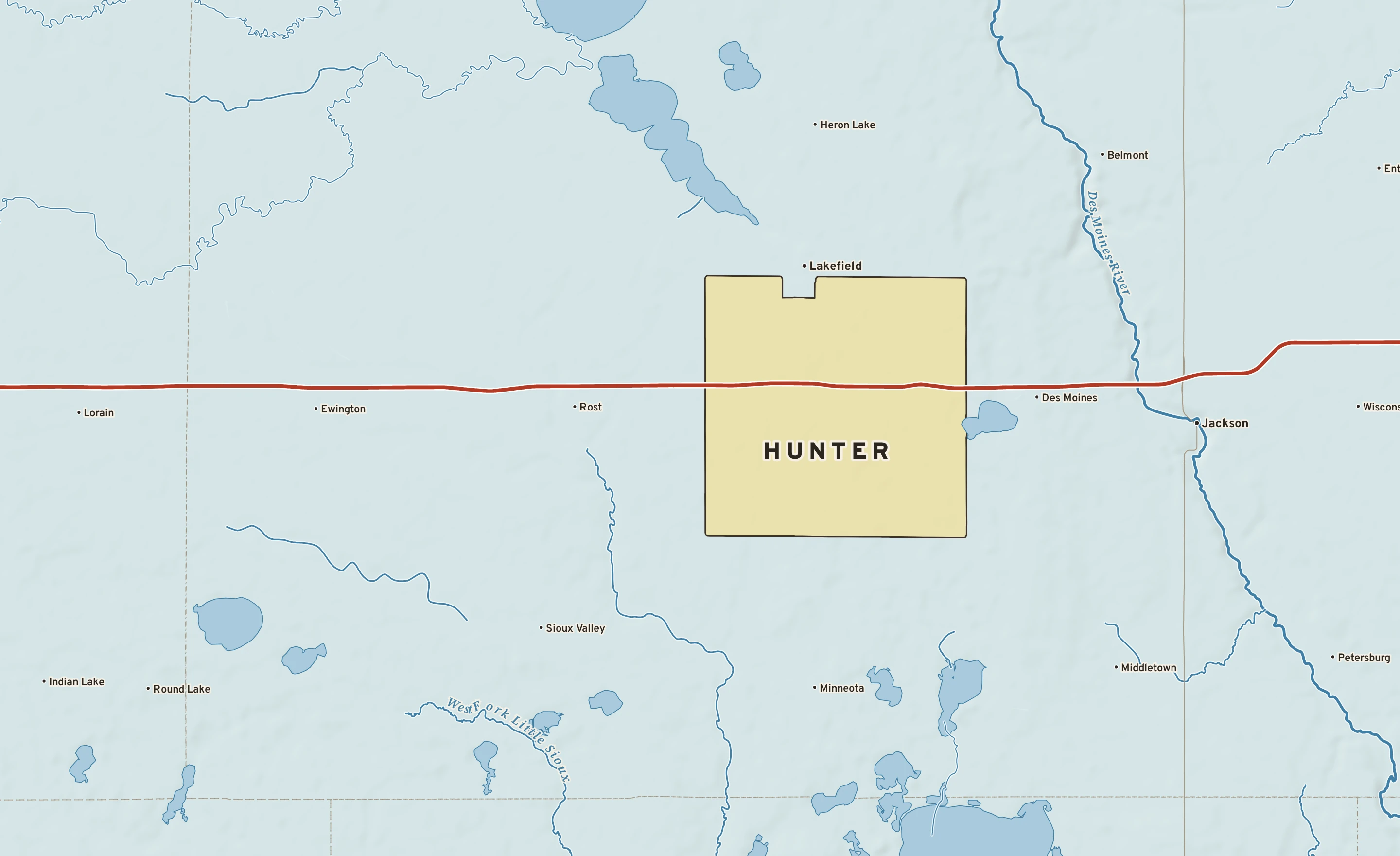 Shaded-relief atlas plate of Hunter, Minnesota: rivers, roads, the city limits and where the water drains.