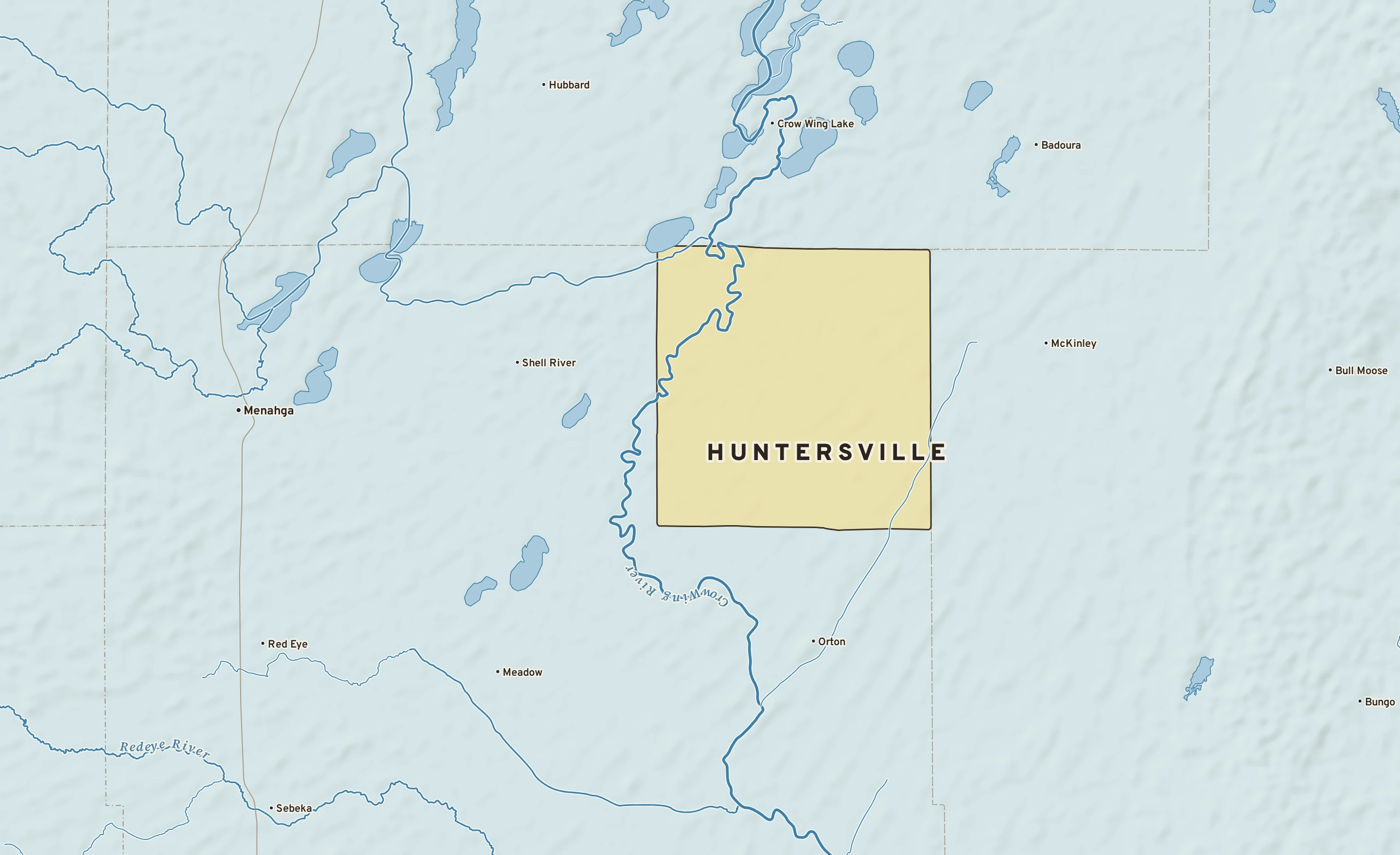 Shaded-relief atlas plate of Huntersville, Minnesota: rivers, roads, the city limits and where the water drains.