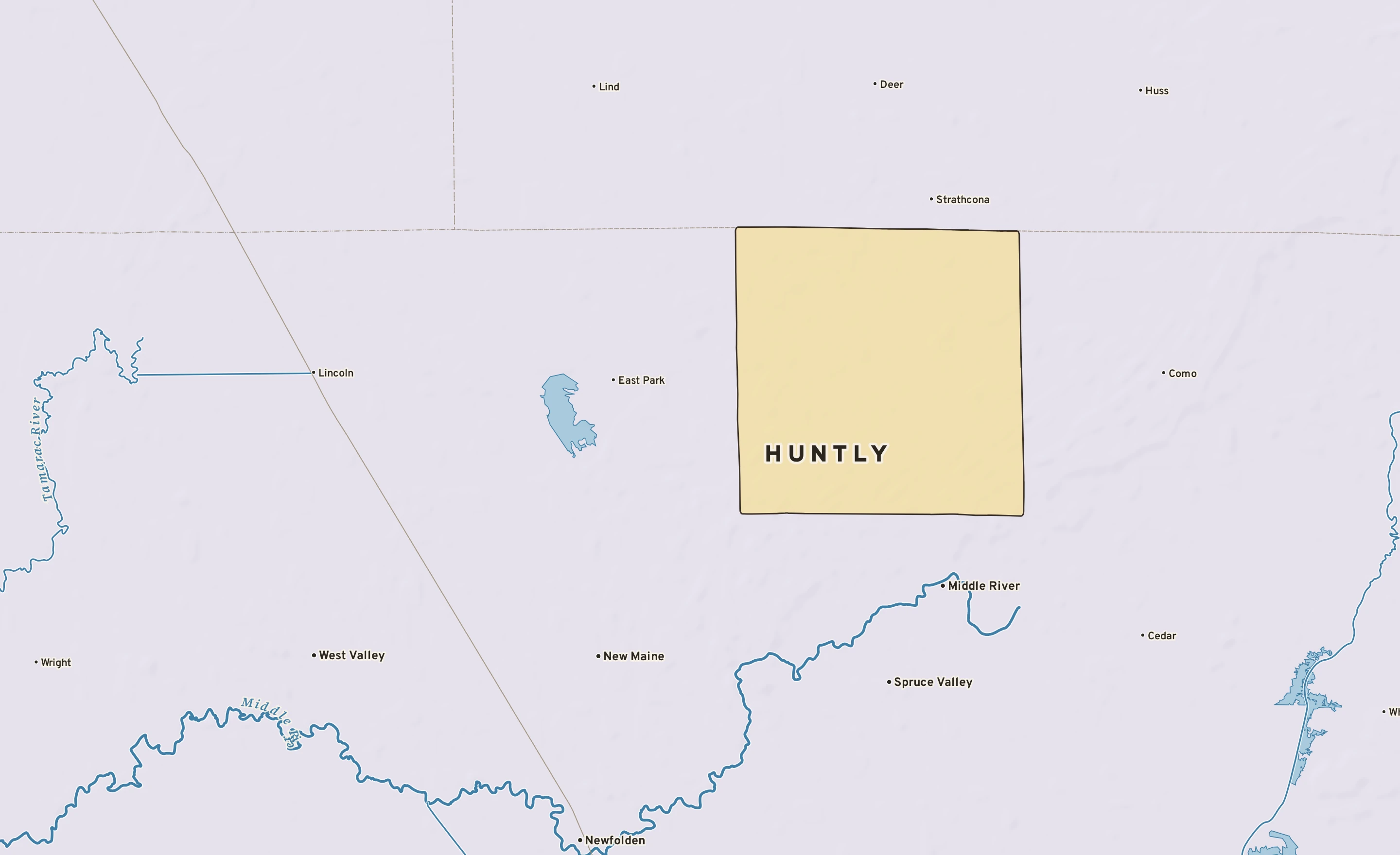 Shaded-relief atlas plate of Huntly, Minnesota: rivers, roads, the city limits and where the water drains.