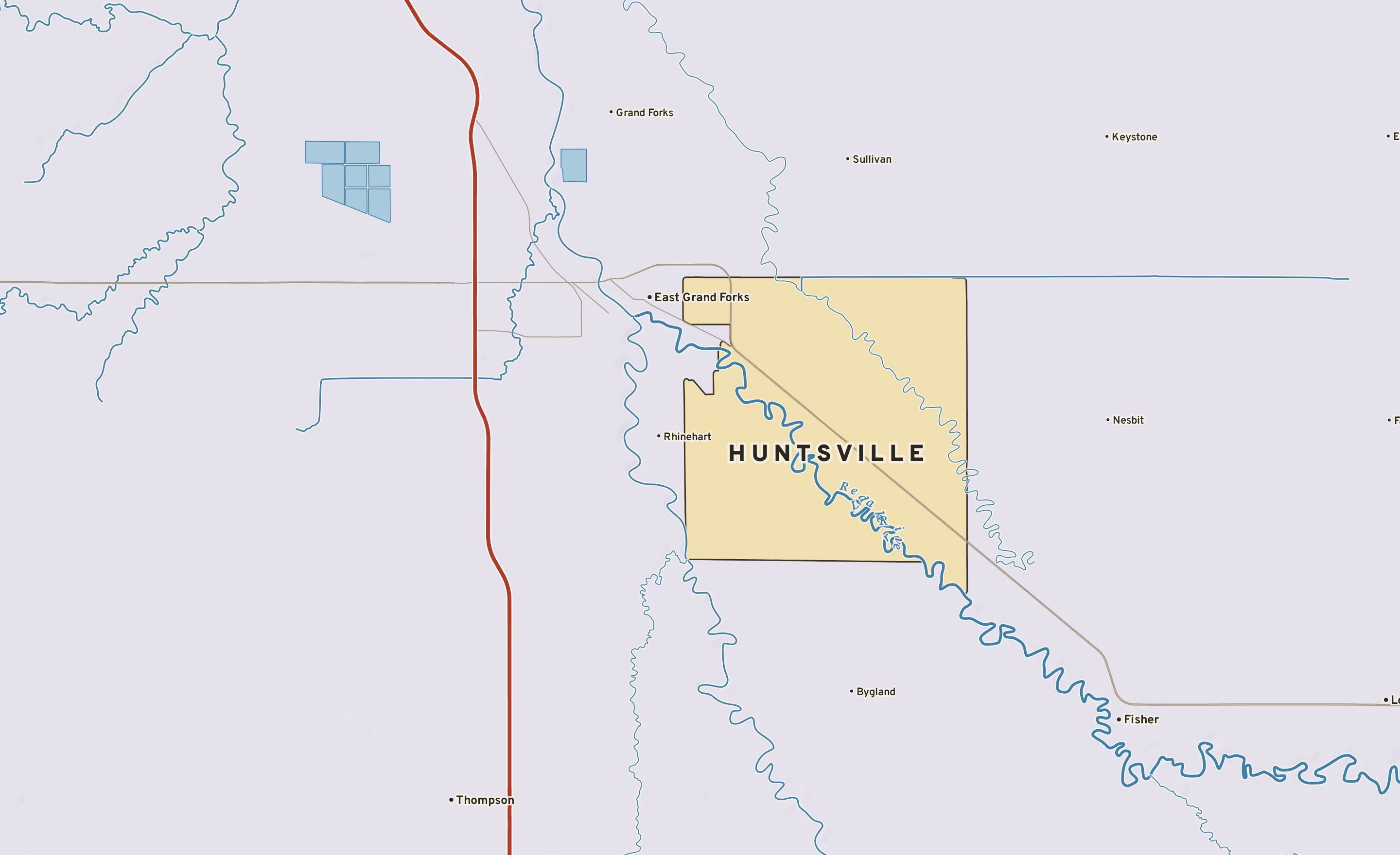 Shaded-relief atlas plate of Huntsville, Minnesota: rivers, roads, the city limits and where the water drains.