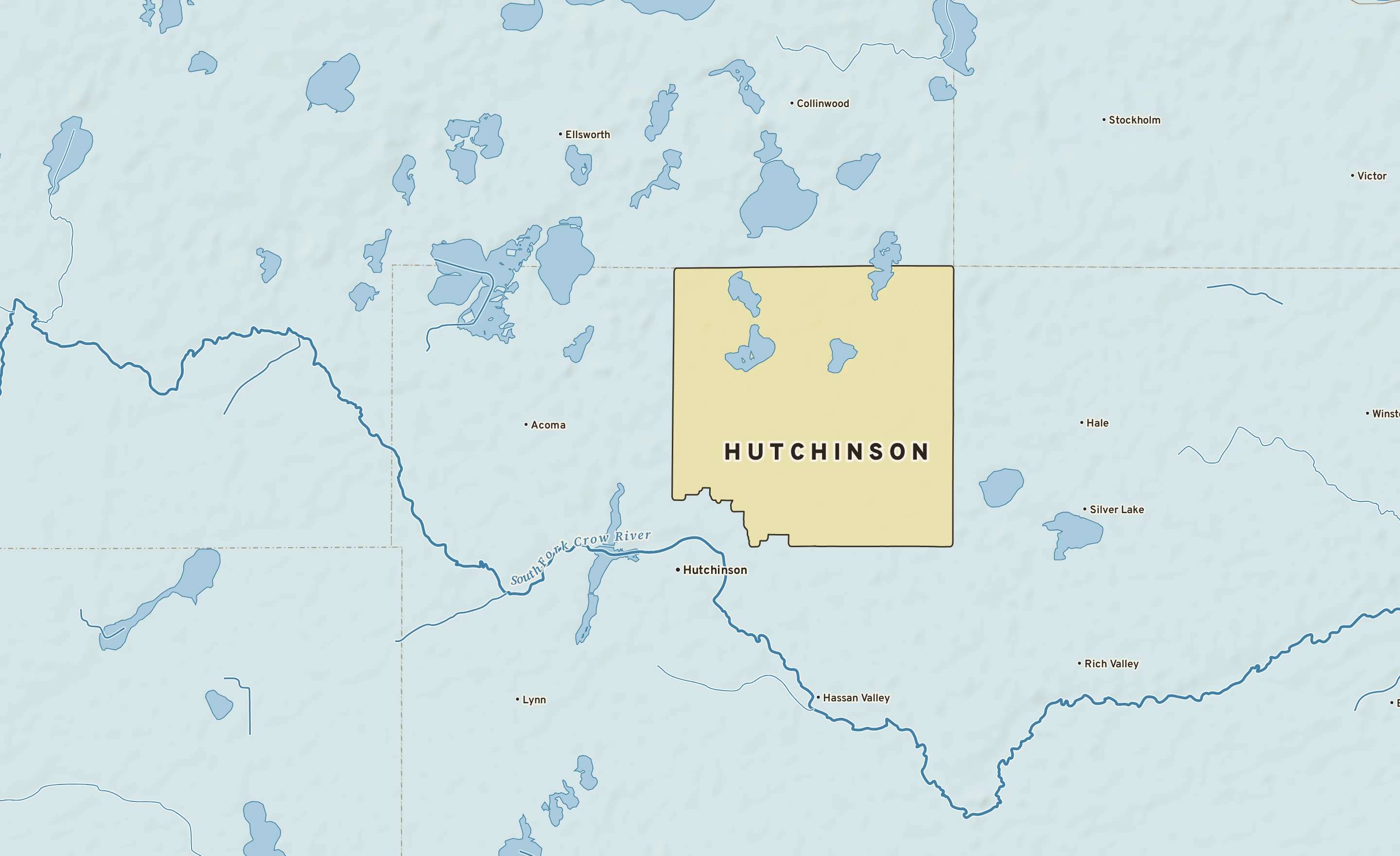 Shaded-relief atlas plate of Hutchinson, Minnesota: rivers, roads, the city limits and where the water drains.