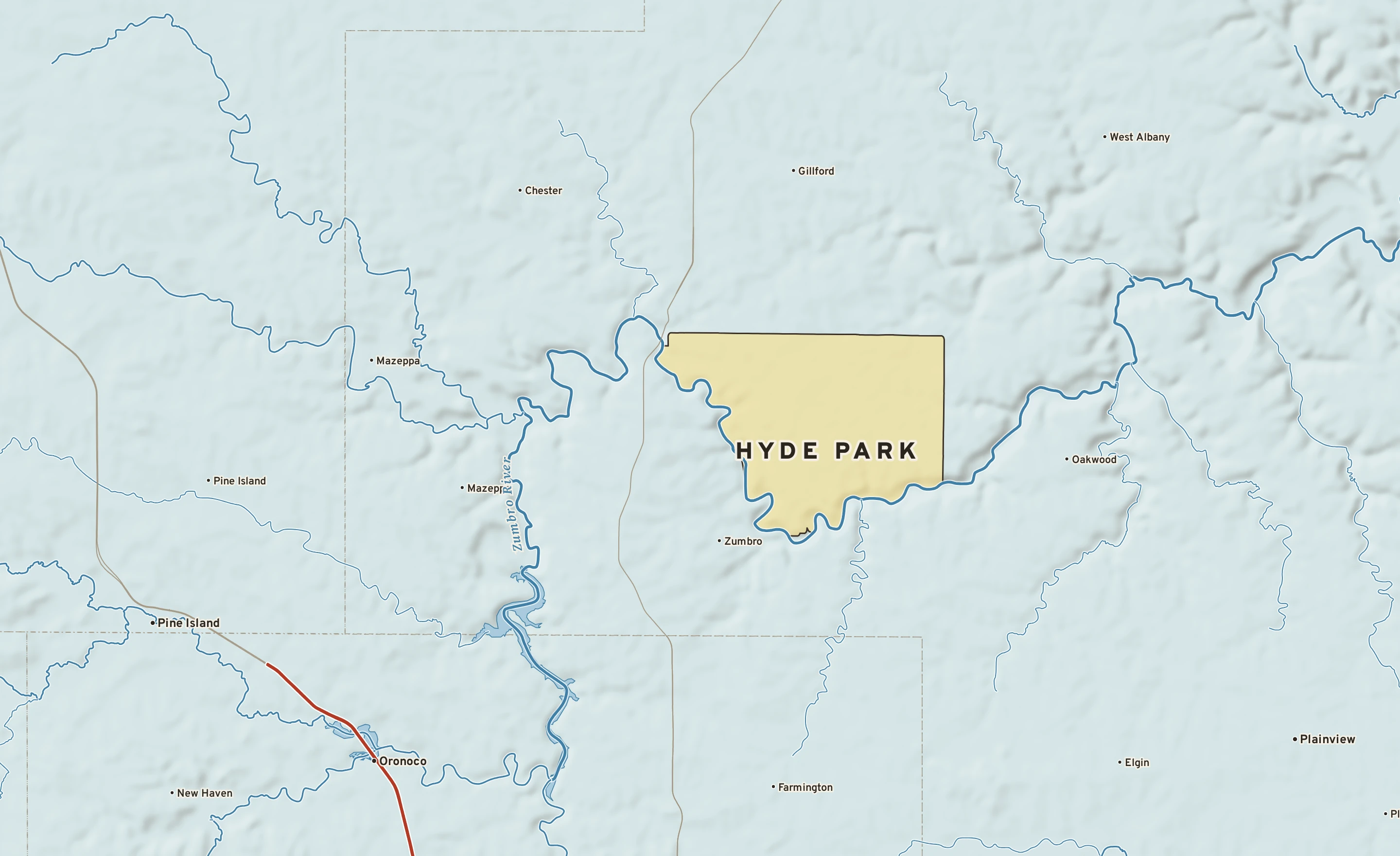 Shaded-relief atlas plate of Hyde Park, Minnesota: rivers, roads, the city limits and where the water drains.