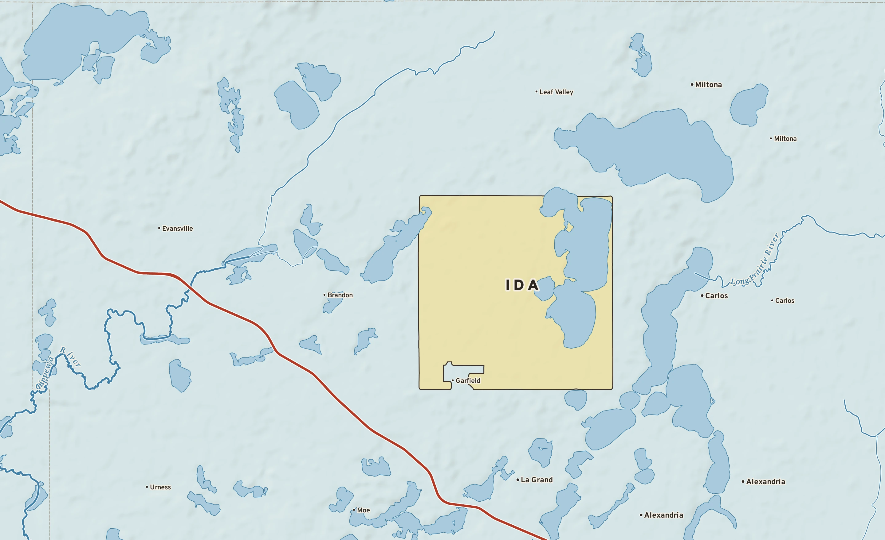 Shaded-relief atlas plate of Ida, Minnesota: rivers, roads, the city limits and where the water drains.