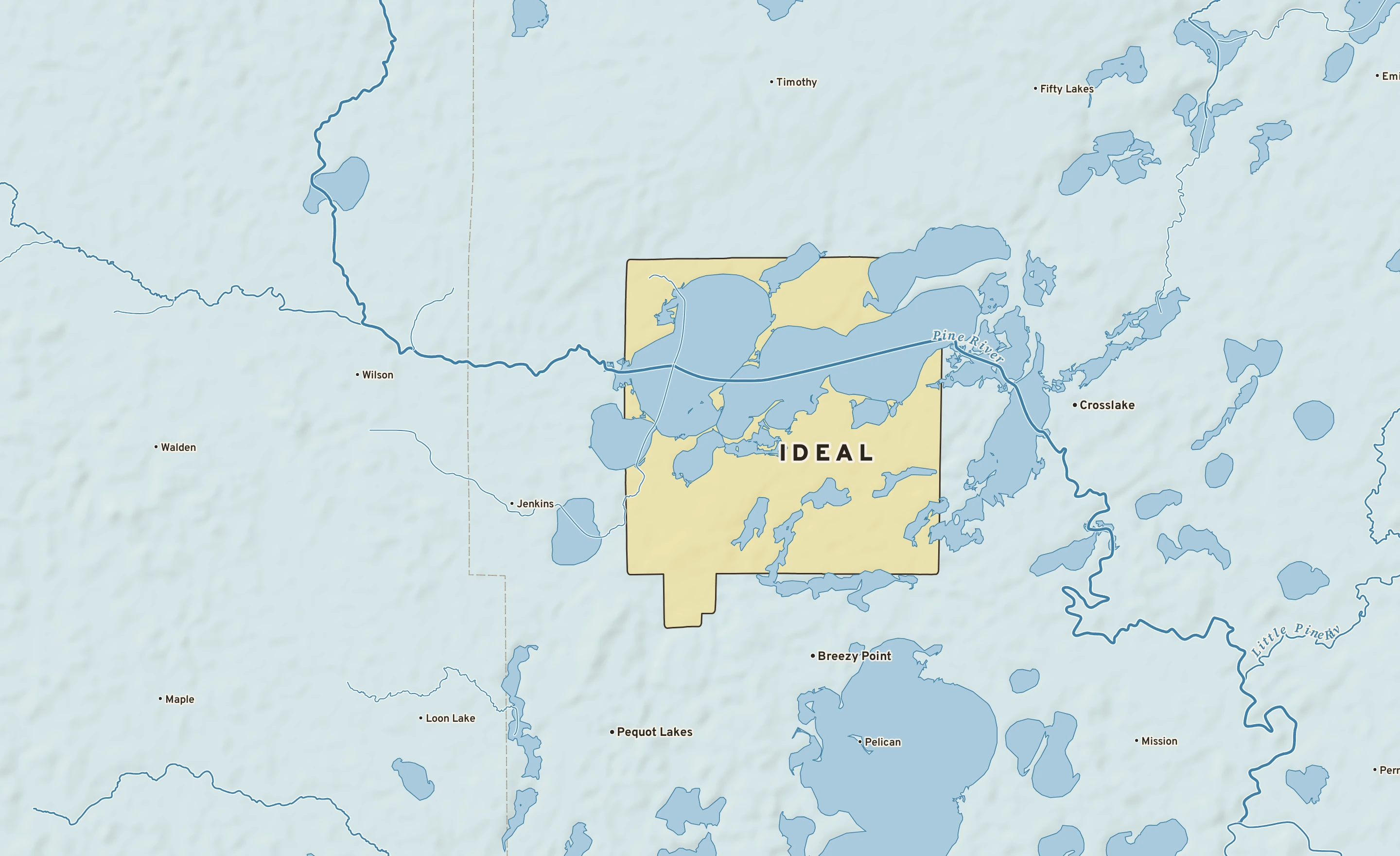 Shaded-relief atlas plate of Ideal, Minnesota: rivers, roads, the city limits and where the water drains.