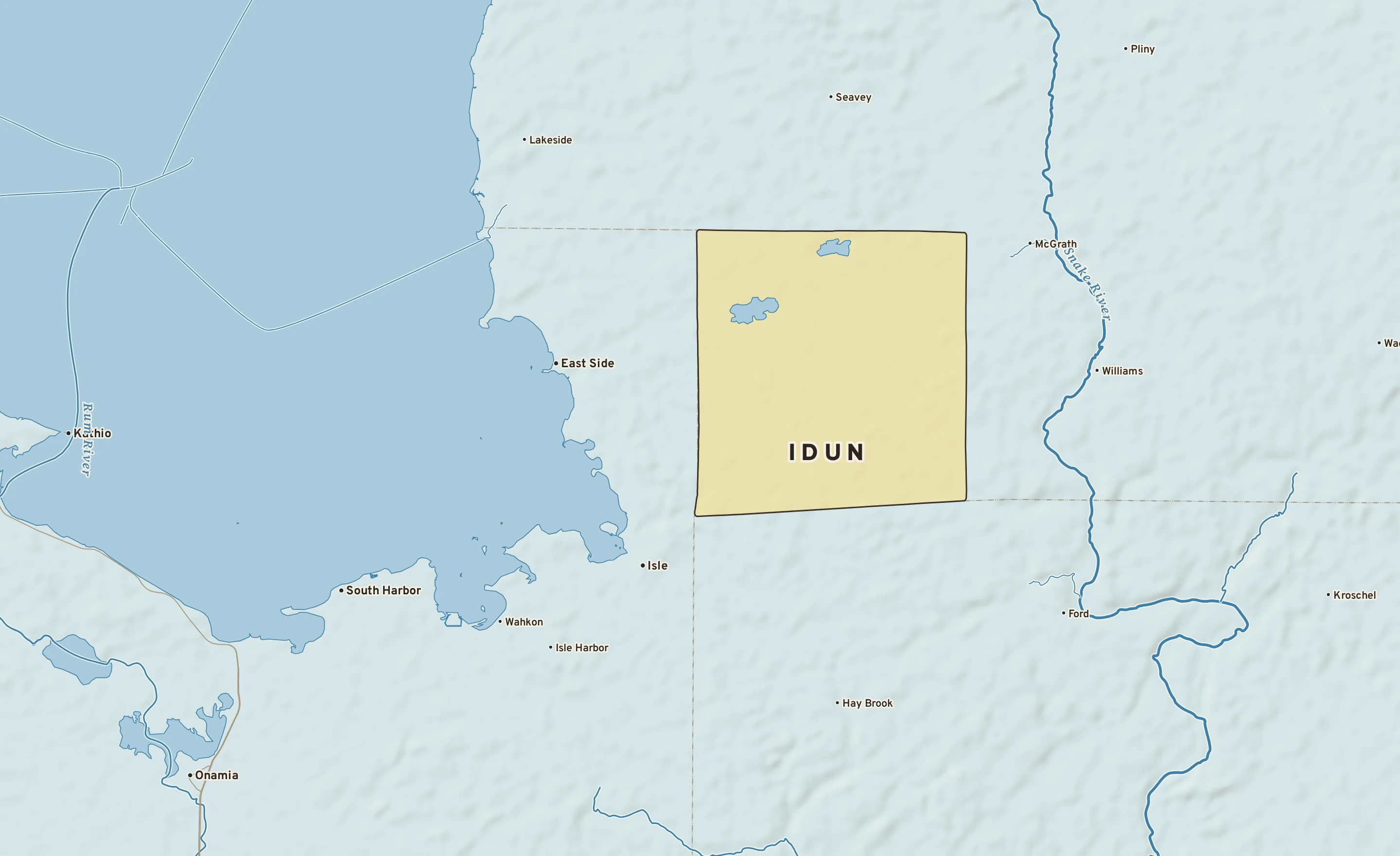 Shaded-relief atlas plate of Idun, Minnesota: rivers, roads, the city limits and where the water drains.