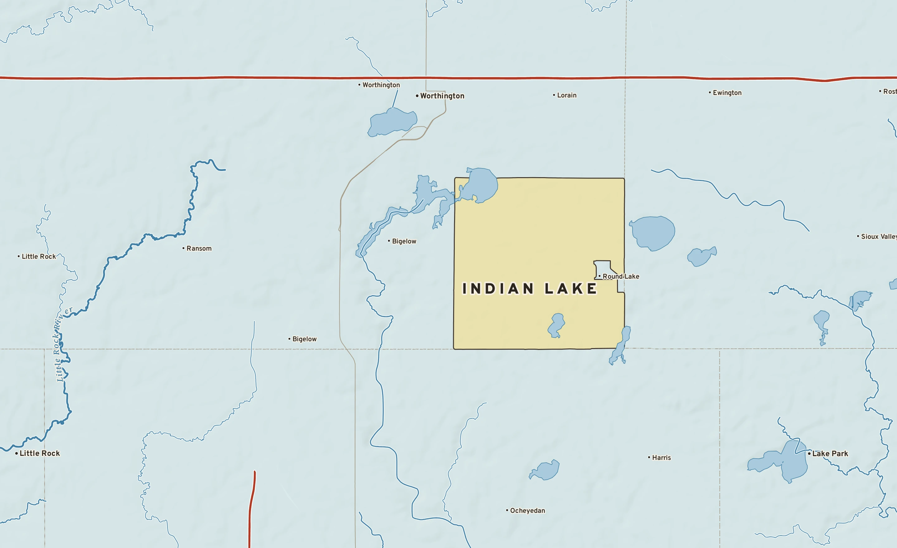 Shaded-relief atlas plate of Indian Lake, Minnesota: rivers, roads, the city limits and where the water drains.