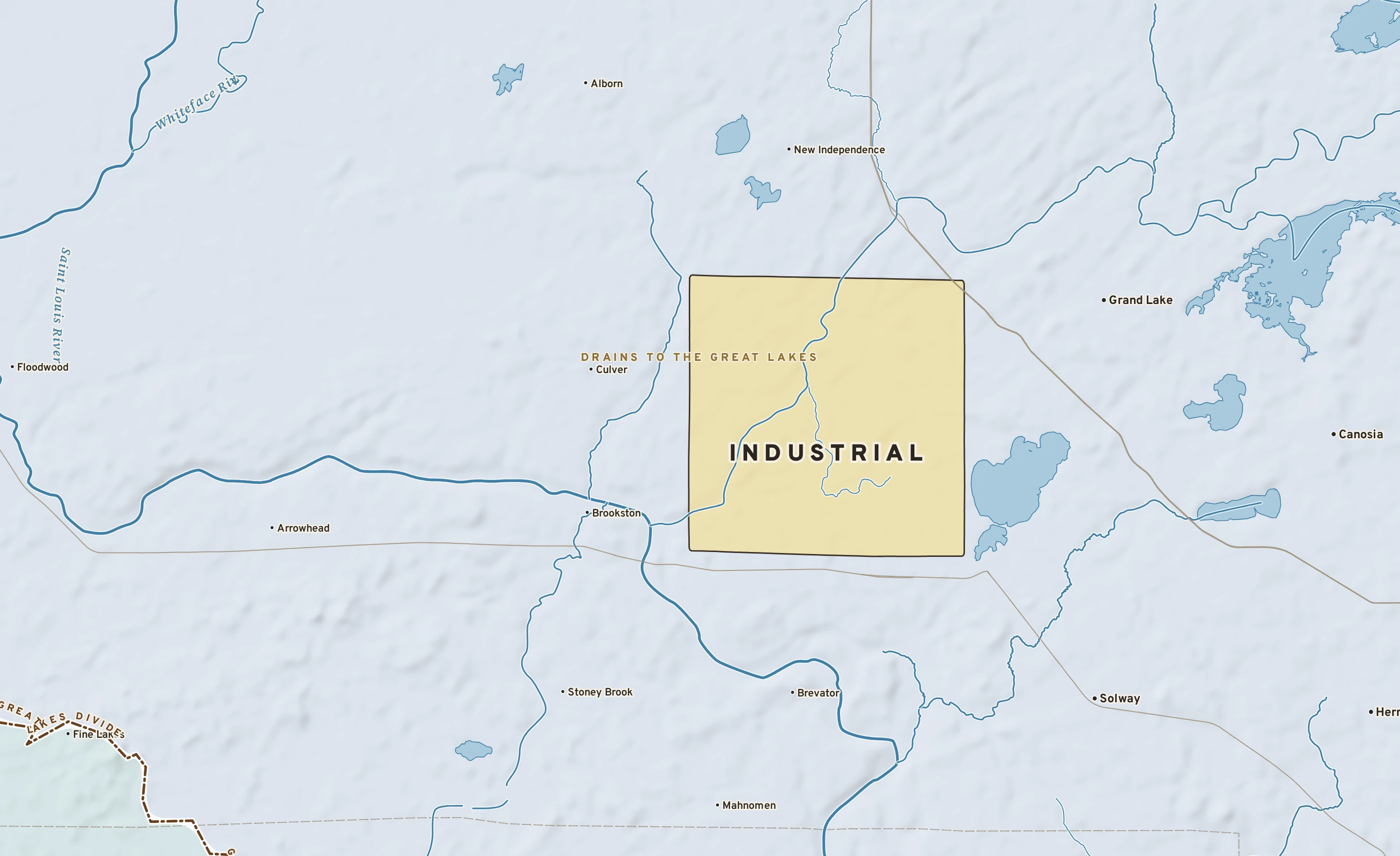Shaded-relief atlas plate of Industrial, Minnesota: rivers, roads, the city limits and where the water drains.