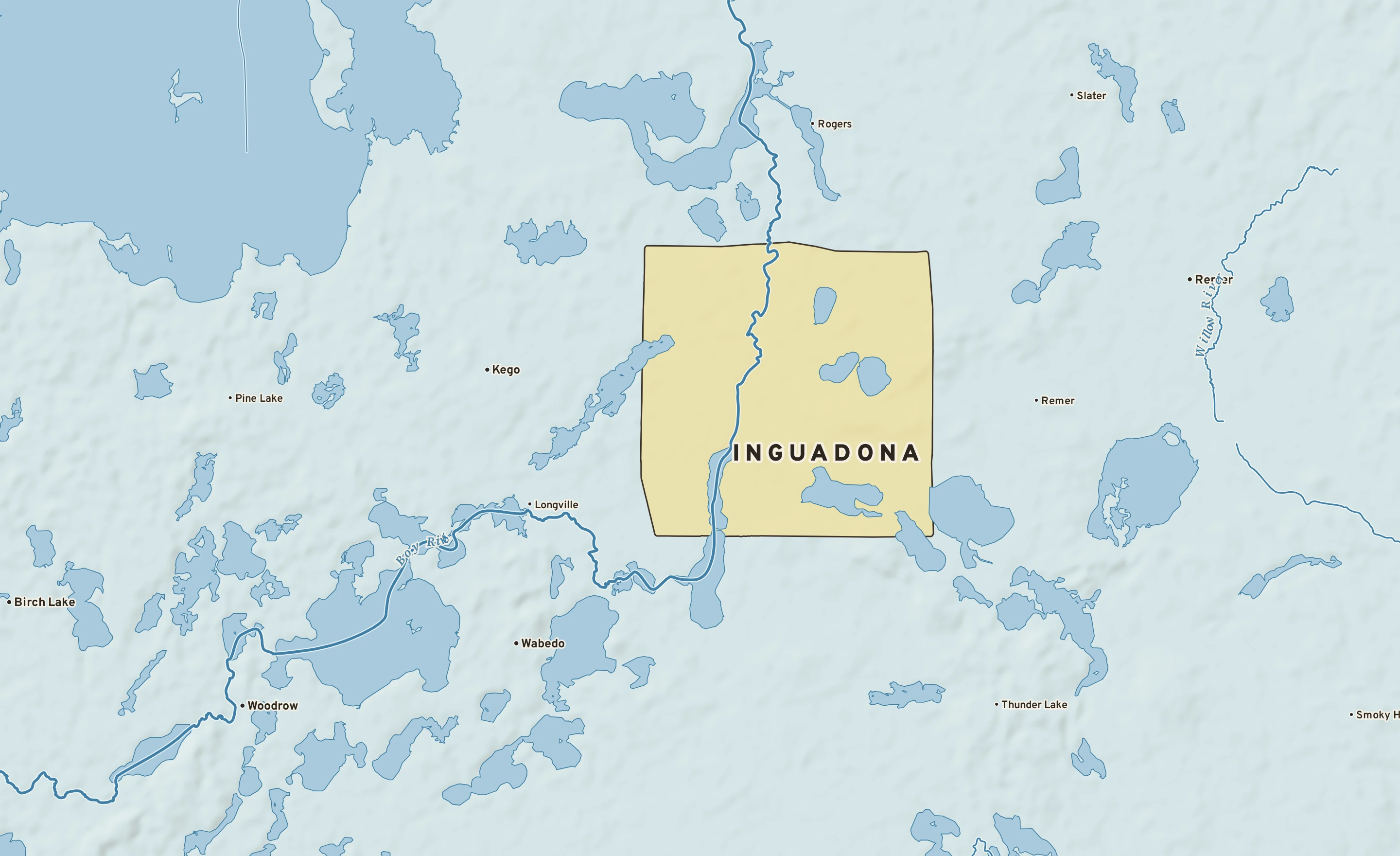 Shaded-relief atlas plate of Inguadona, Minnesota: rivers, roads, the city limits and where the water drains.