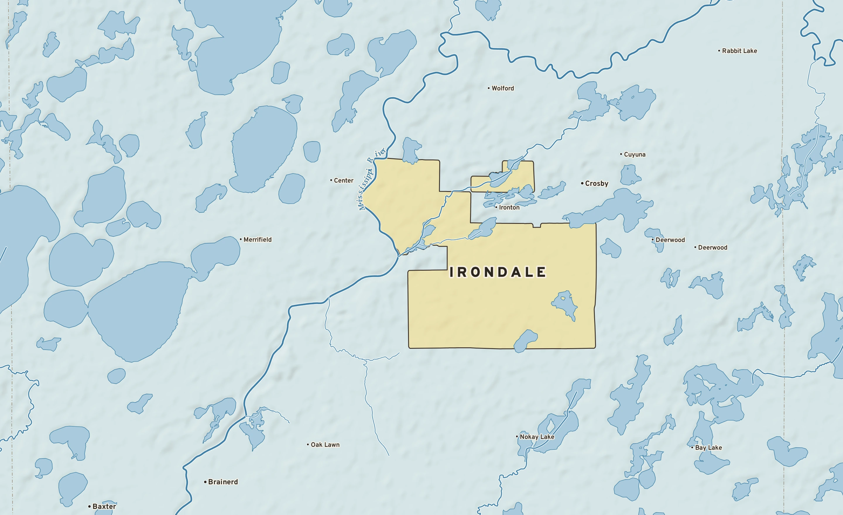 Shaded-relief atlas plate of Irondale, Minnesota: rivers, roads, the city limits and where the water drains.