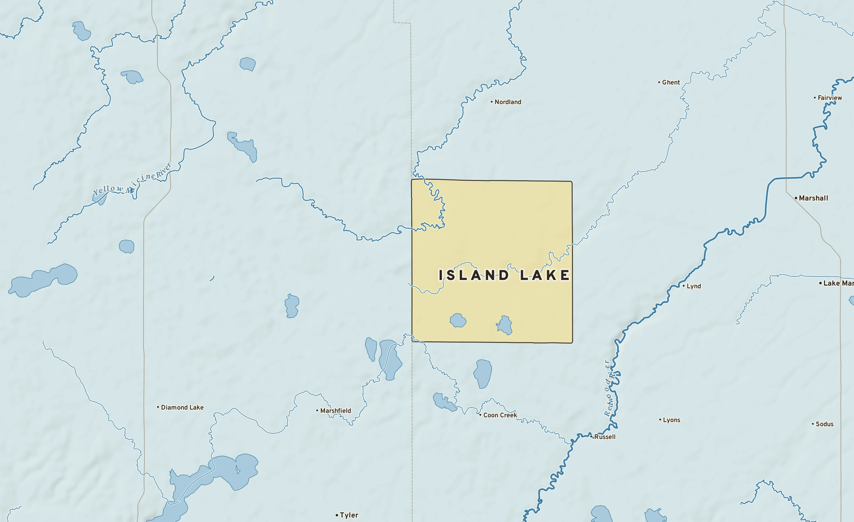 Shaded-relief atlas plate of Island Lake, Minnesota: rivers, roads, the city limits and where the water drains.