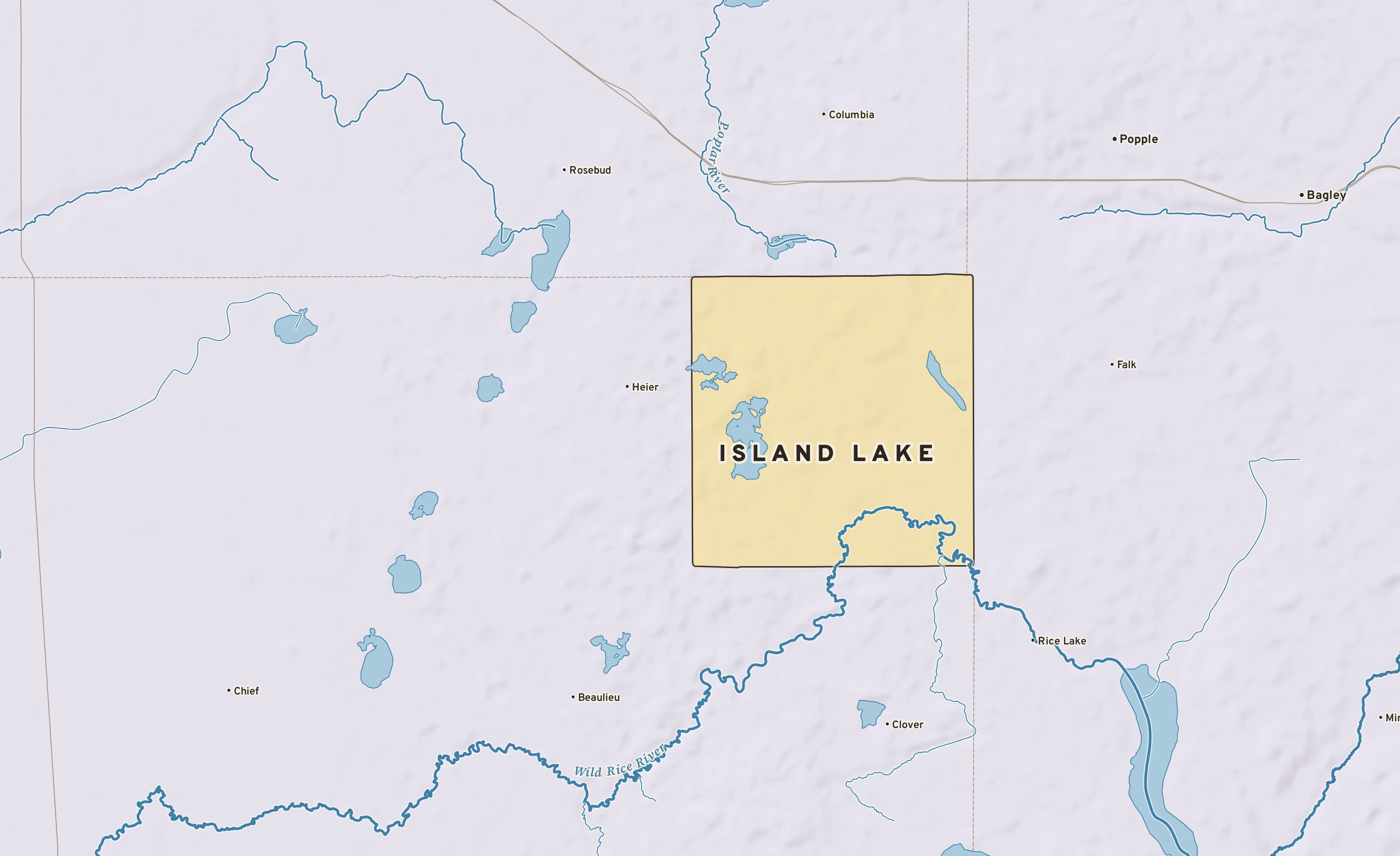 Shaded-relief atlas plate of Island Lake, Minnesota: rivers, roads, the city limits and where the water drains.