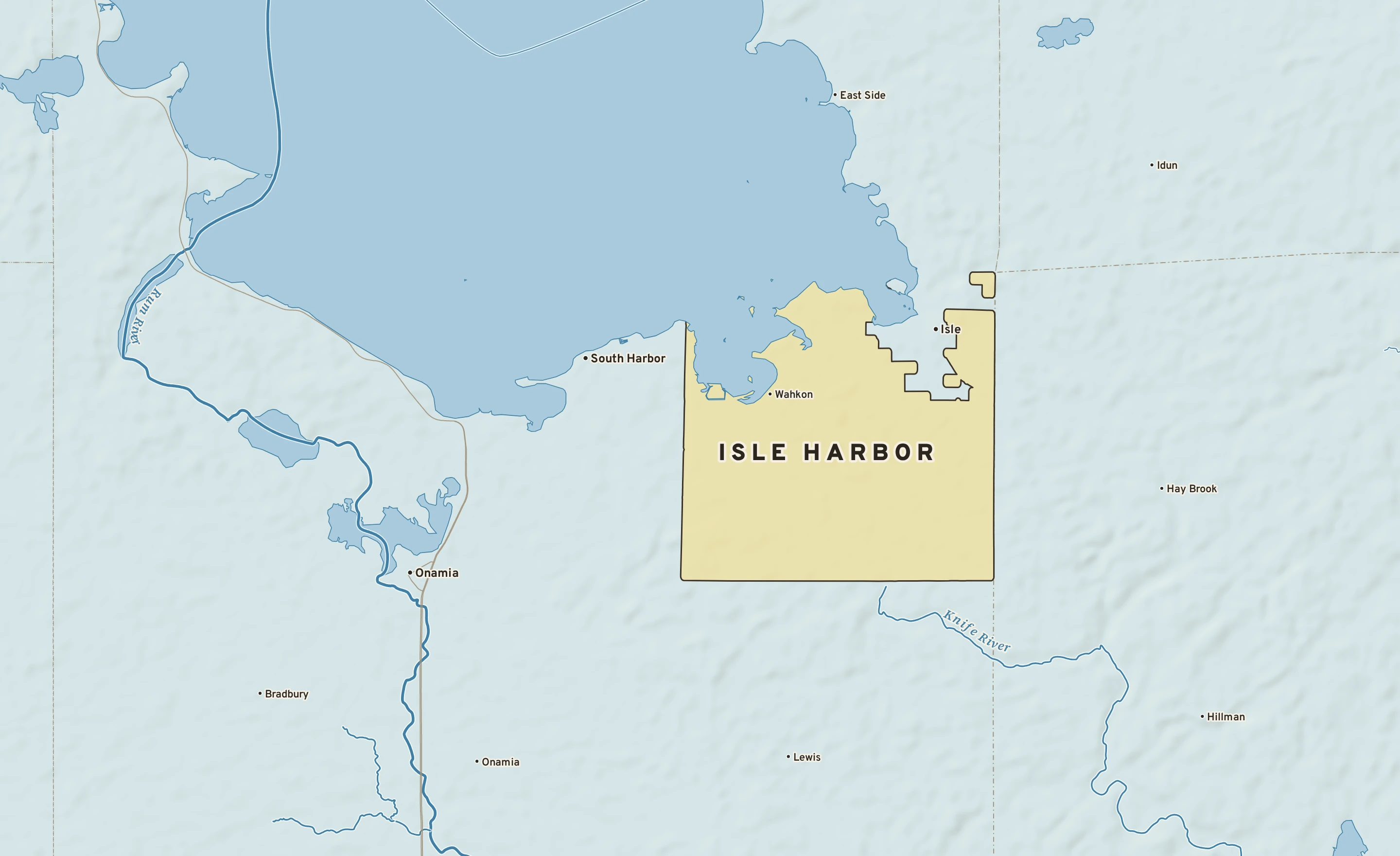 Shaded-relief atlas plate of Isle Harbor, Minnesota: rivers, roads, the city limits and where the water drains.