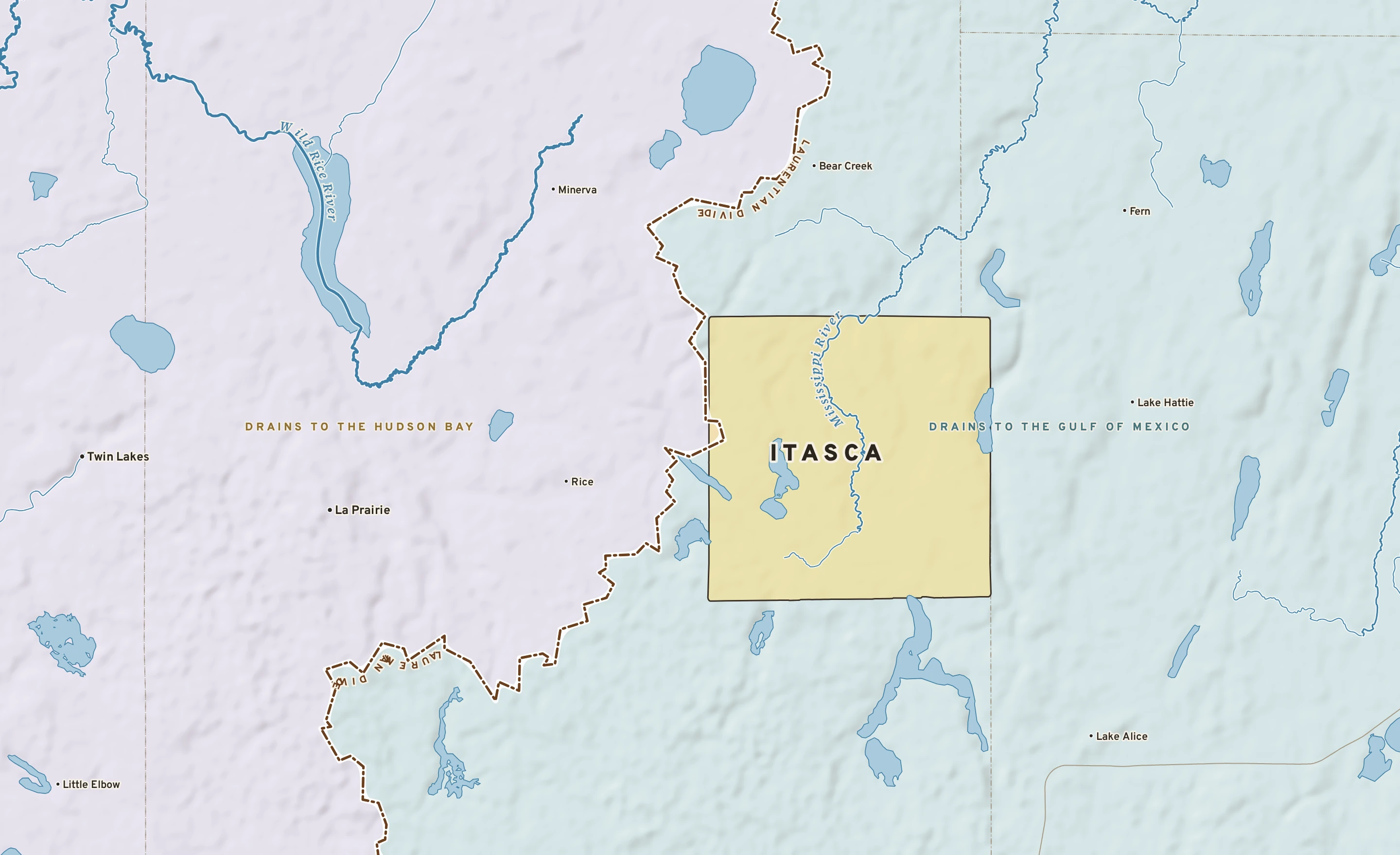 Shaded-relief atlas plate of Itasca, Minnesota: rivers, roads, the city limits and where the water drains.