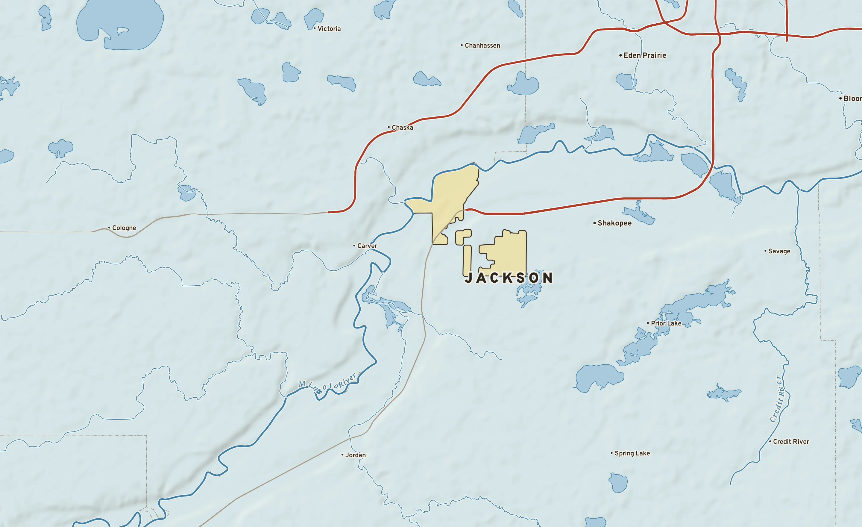 Shaded-relief atlas plate of Jackson, Minnesota: rivers, roads, the city limits and where the water drains.