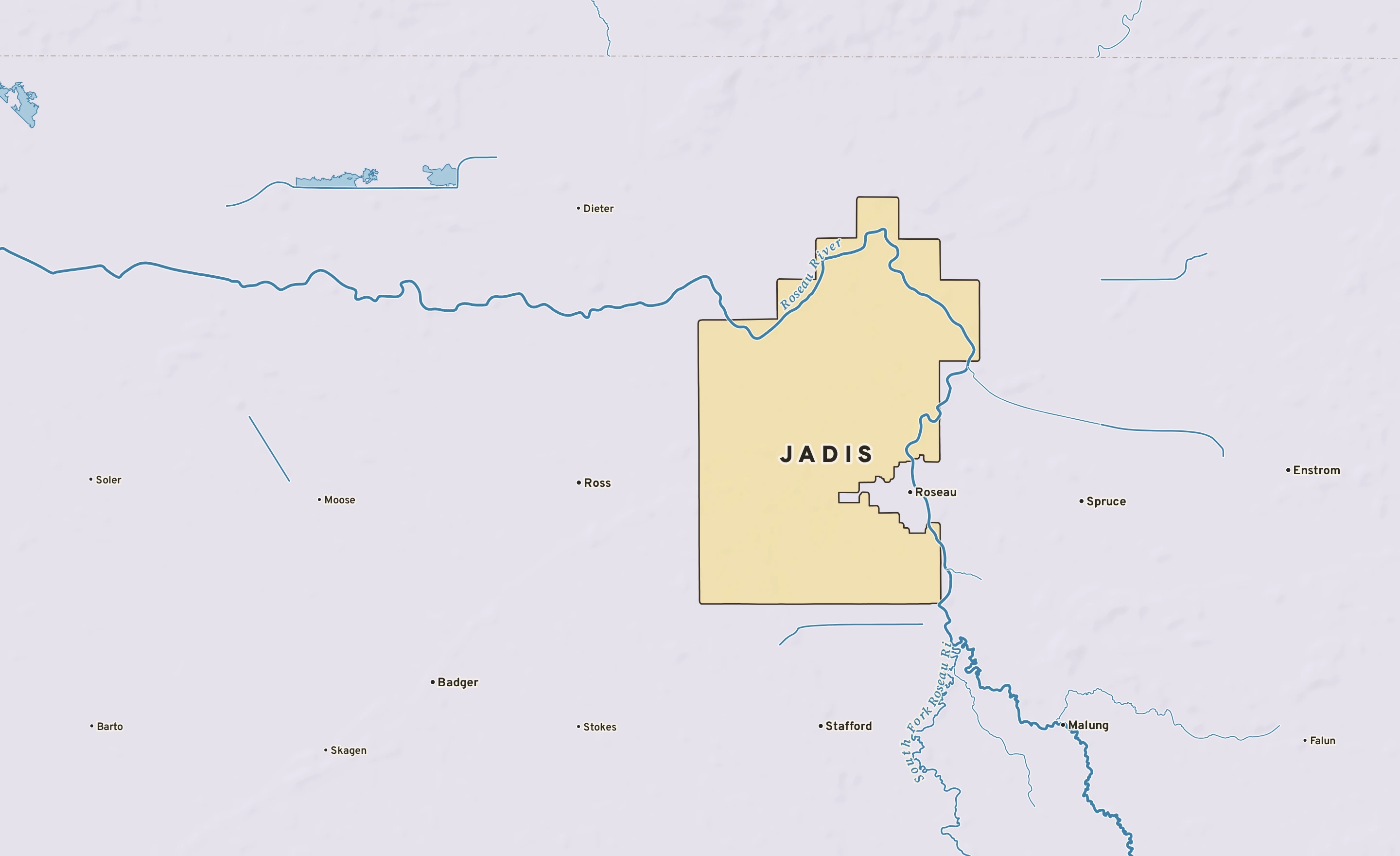 Shaded-relief atlas plate of Jadis, Minnesota: rivers, roads, the city limits and where the water drains.
