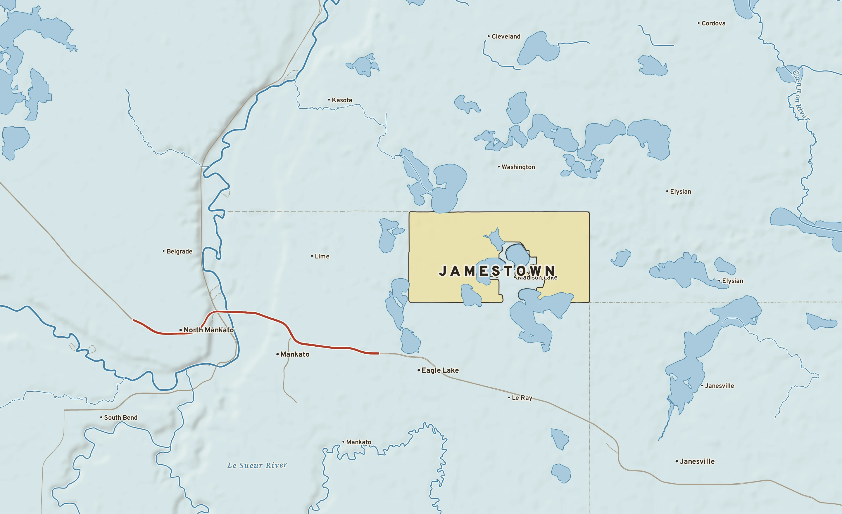 Shaded-relief atlas plate of Jamestown, Minnesota: rivers, roads, the city limits and where the water drains.
