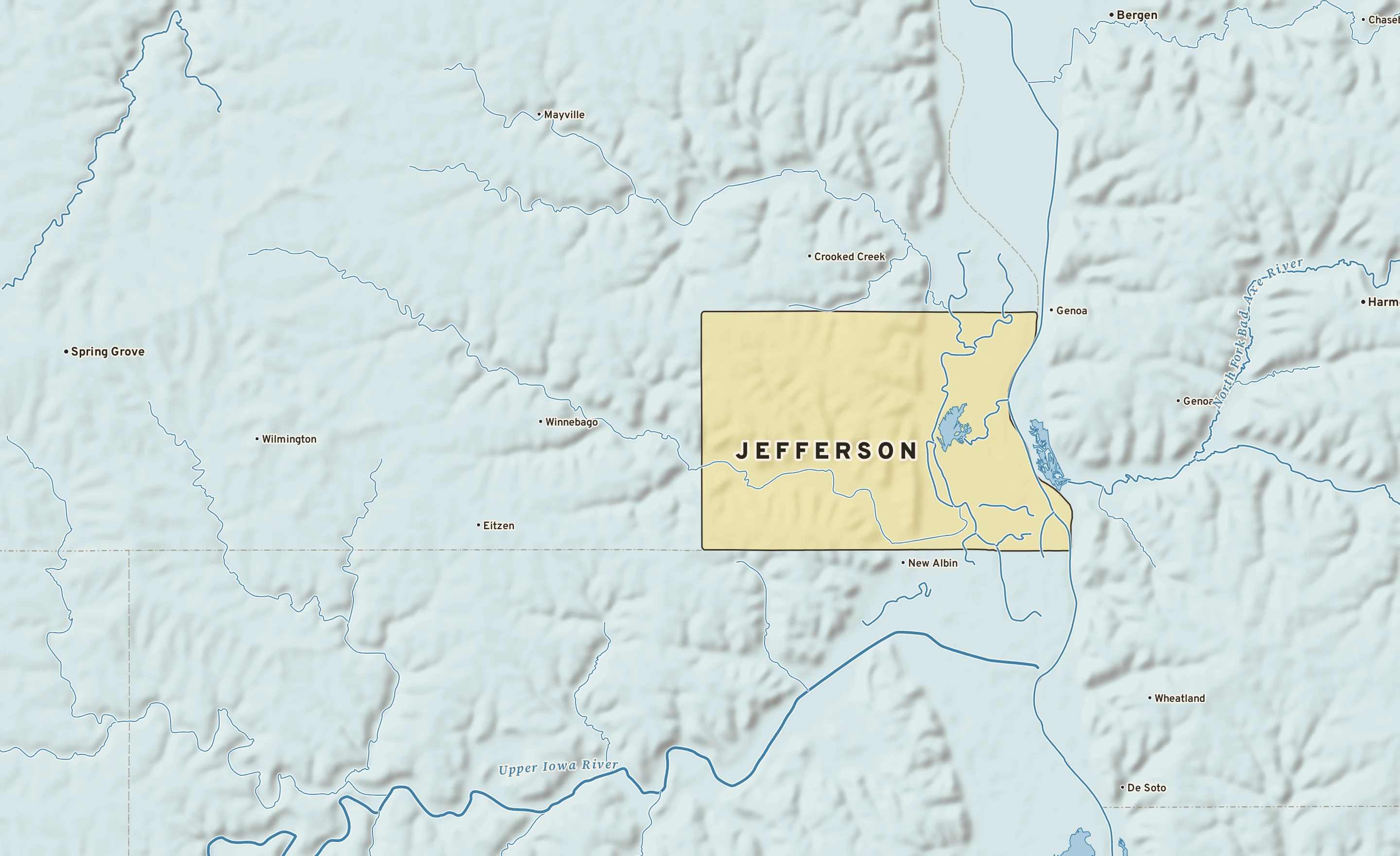 Shaded-relief atlas plate of Jefferson, Minnesota: rivers, roads, the city limits and where the water drains.