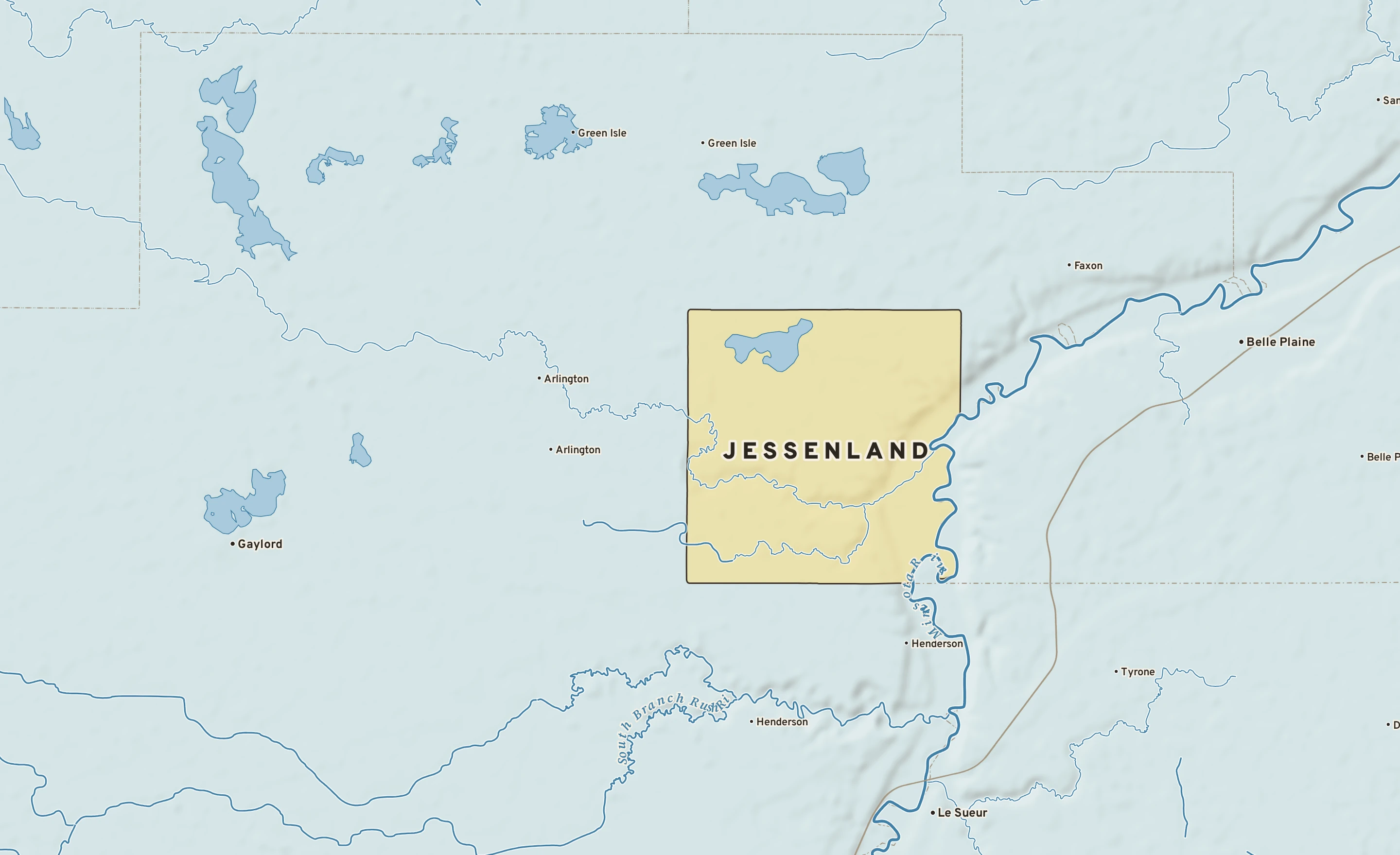 Shaded-relief atlas plate of Jessenland, Minnesota: rivers, roads, the city limits and where the water drains.