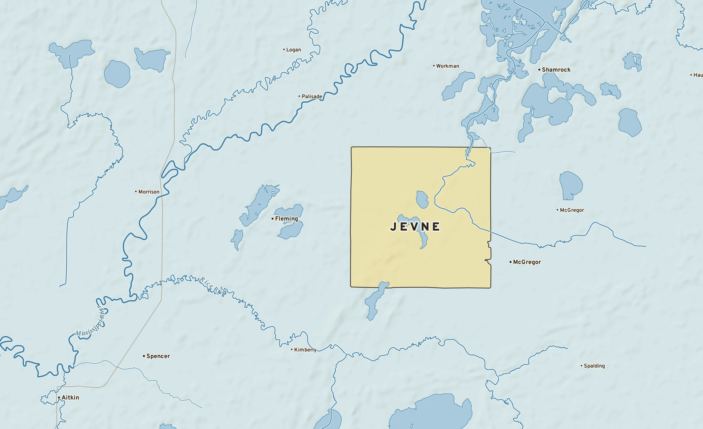 Shaded-relief atlas plate of Jevne, Minnesota: rivers, roads, the city limits and where the water drains.