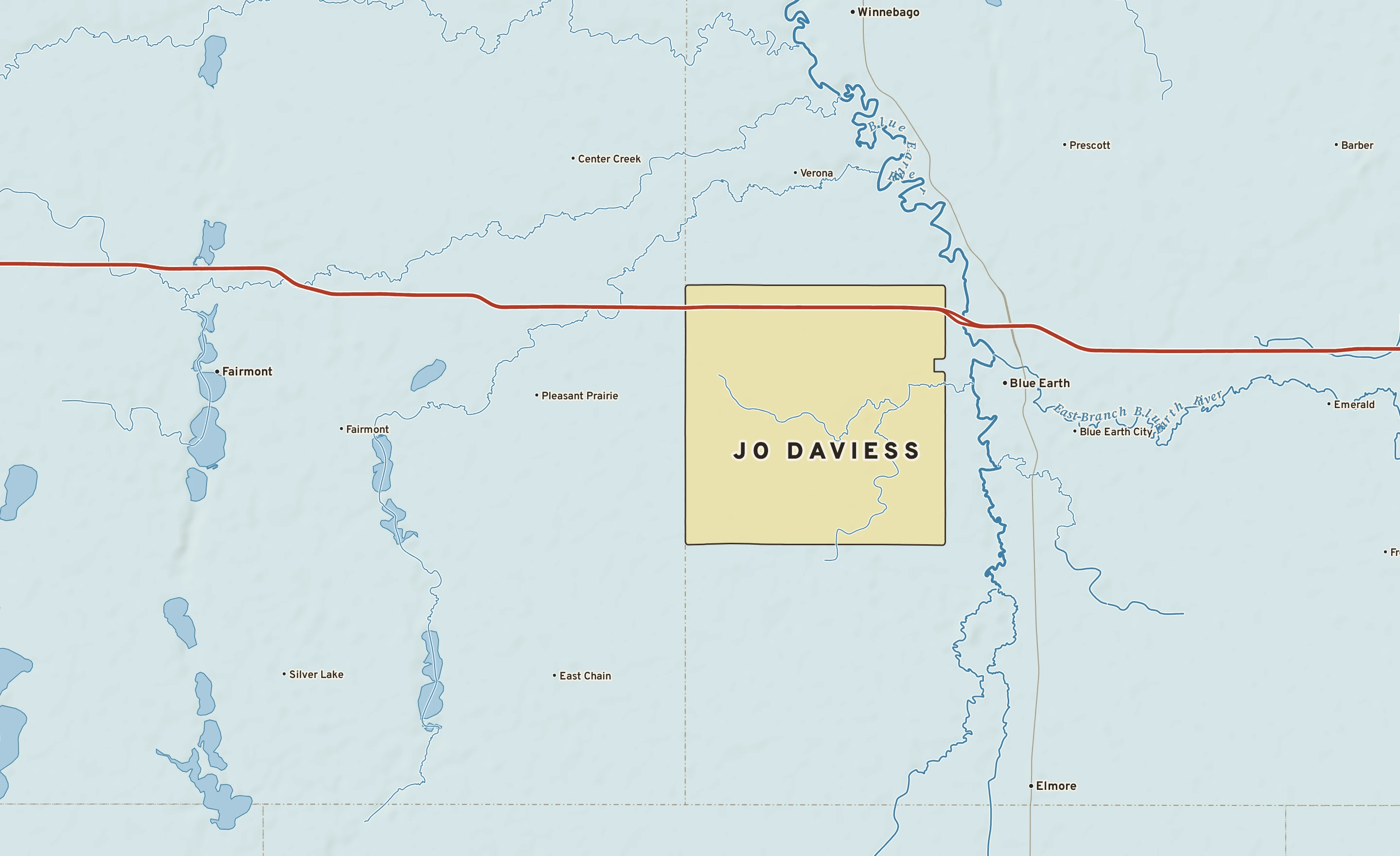 Shaded-relief atlas plate of Jo Daviess, Minnesota: rivers, roads, the city limits and where the water drains.