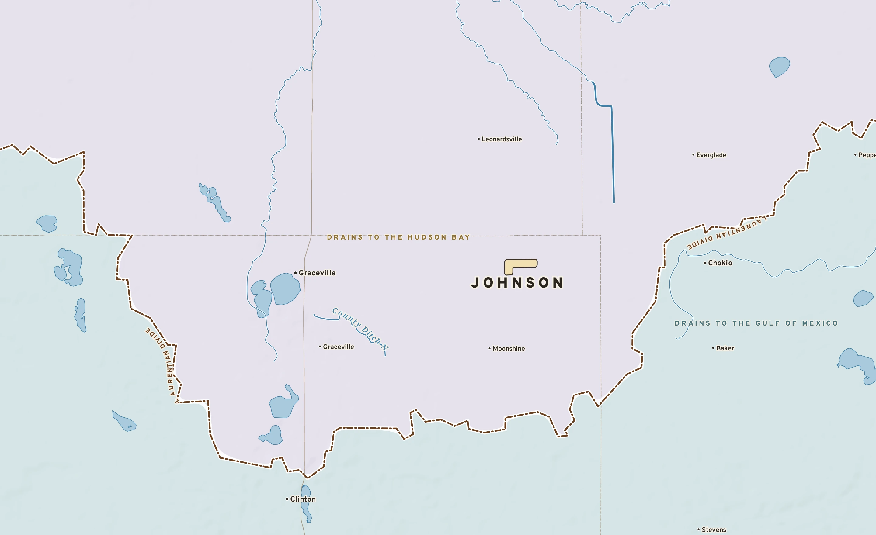 Shaded-relief atlas plate of Johnson, Minnesota: rivers, roads, the city limits and where the water drains.