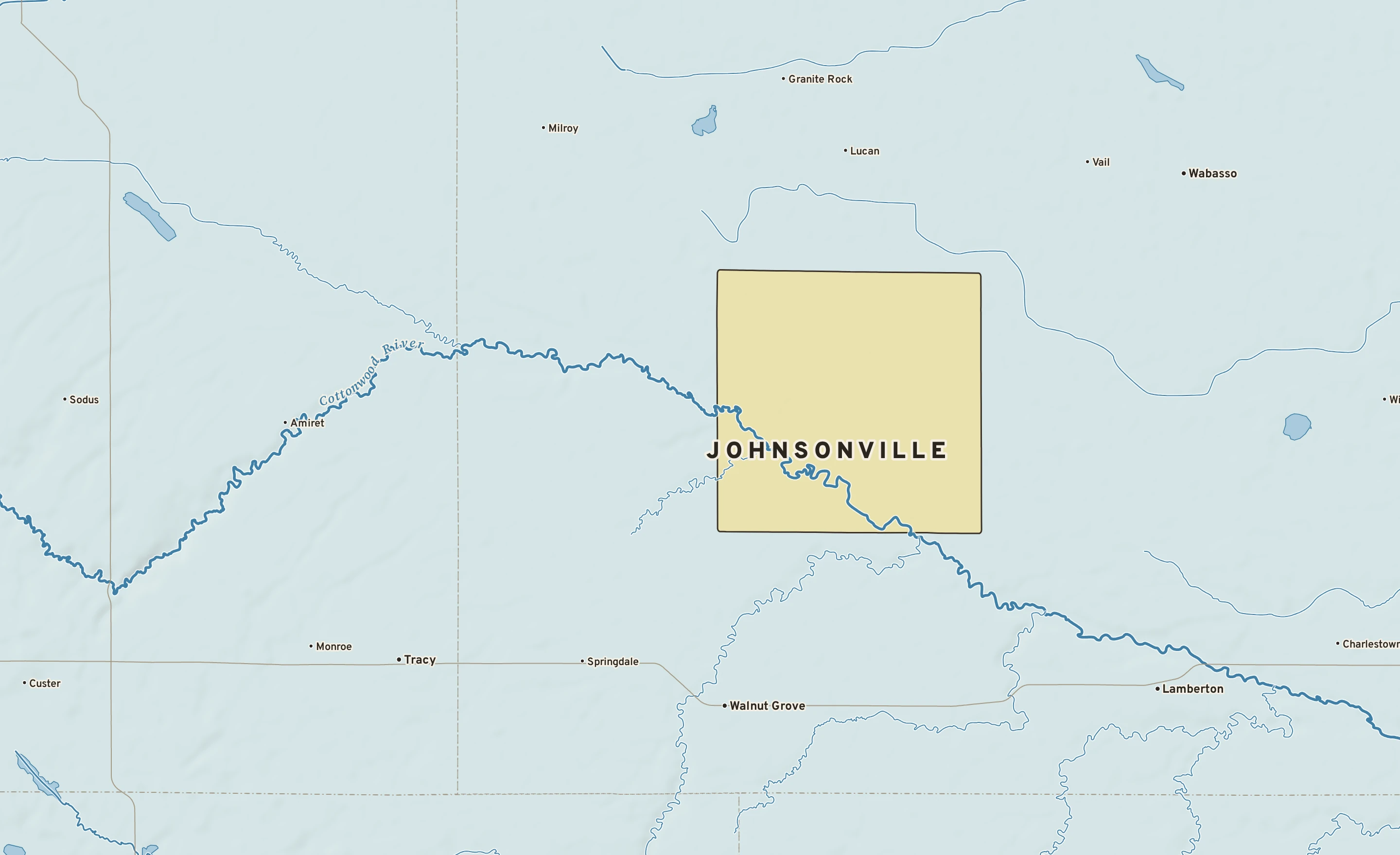 Shaded-relief atlas plate of Johnsonville, Minnesota: rivers, roads, the city limits and where the water drains.
