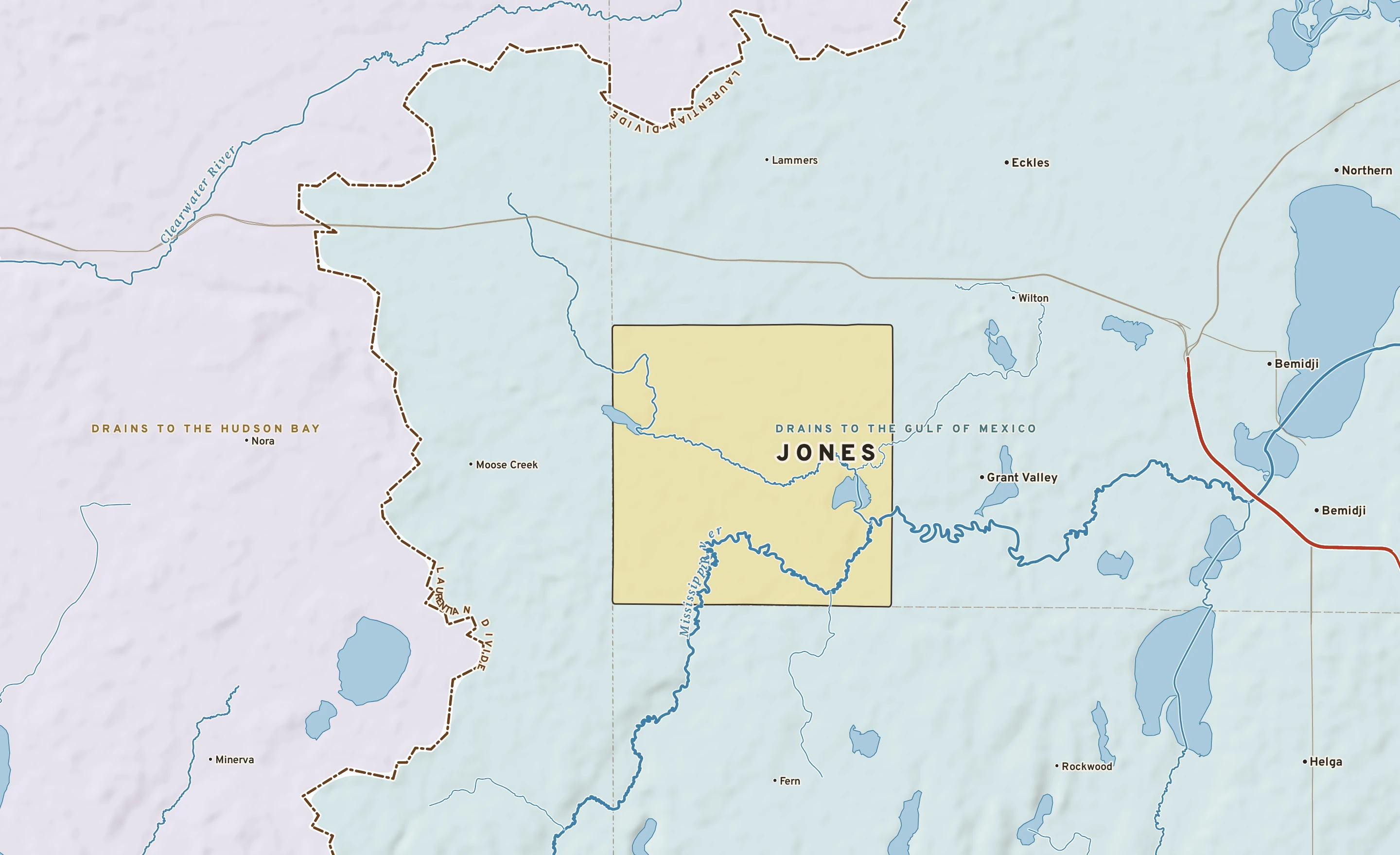 Shaded-relief atlas plate of Jones, Minnesota: rivers, roads, the city limits and where the water drains.