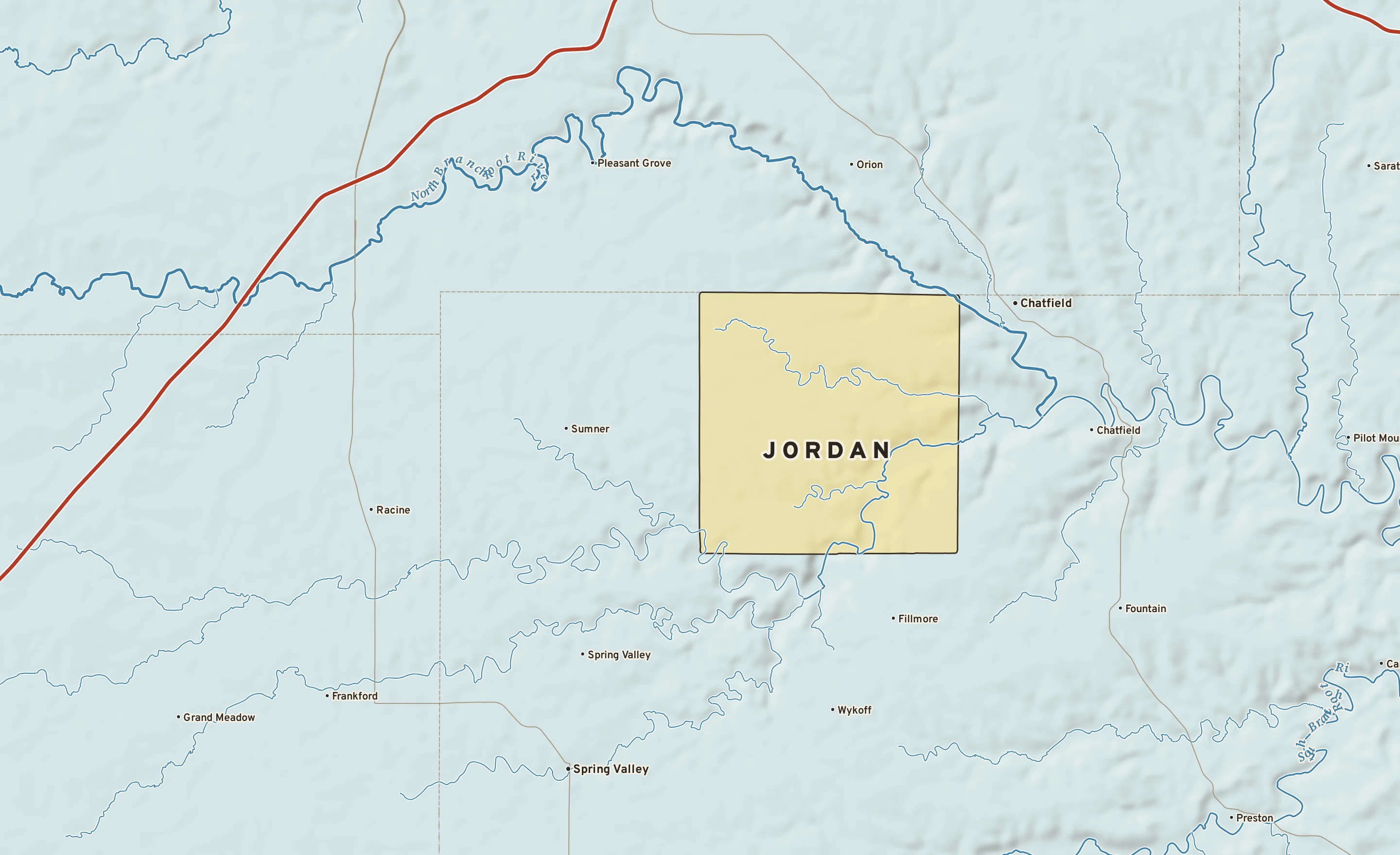 Shaded-relief atlas plate of Jordan, Minnesota: rivers, roads, the city limits and where the water drains.