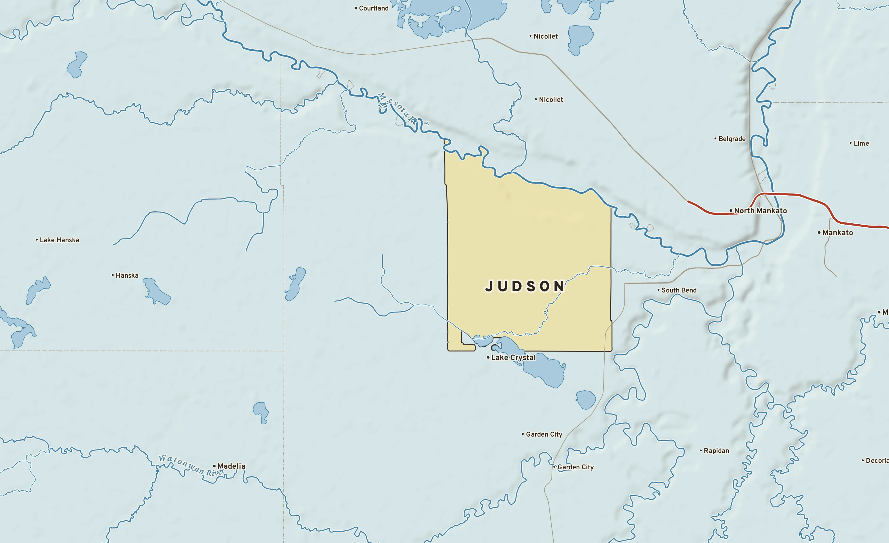 Shaded-relief atlas plate of Judson, Minnesota: rivers, roads, the city limits and where the water drains.
