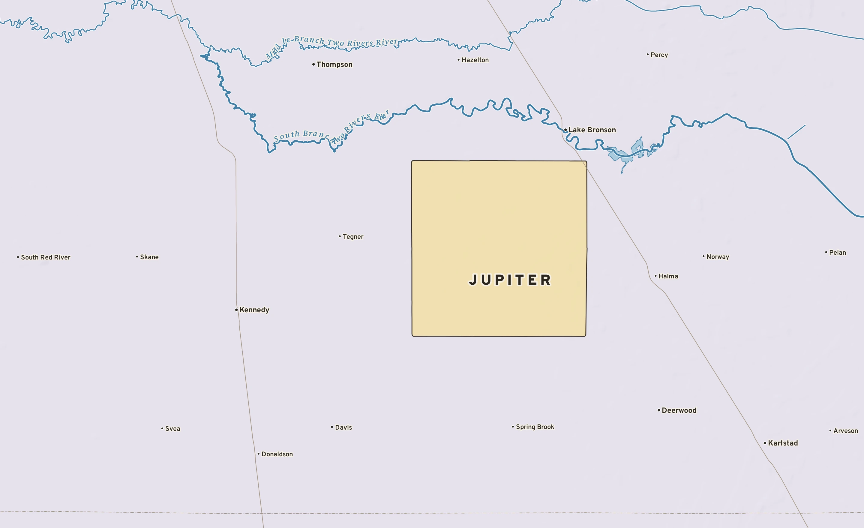 Shaded-relief atlas plate of Jupiter, Minnesota: rivers, roads, the city limits and where the water drains.