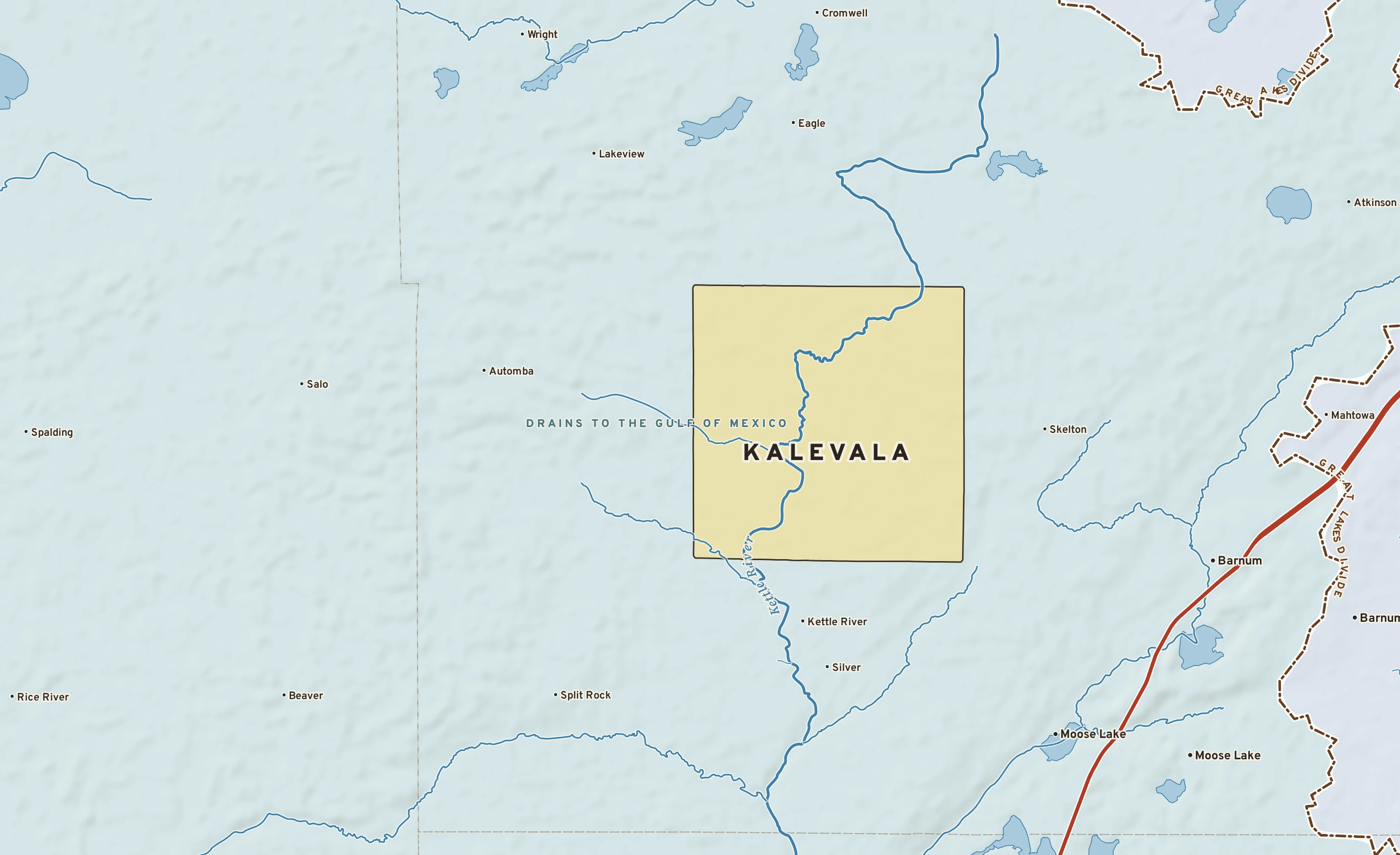Shaded-relief atlas plate of Kalevala, Minnesota: rivers, roads, the city limits and where the water drains.
