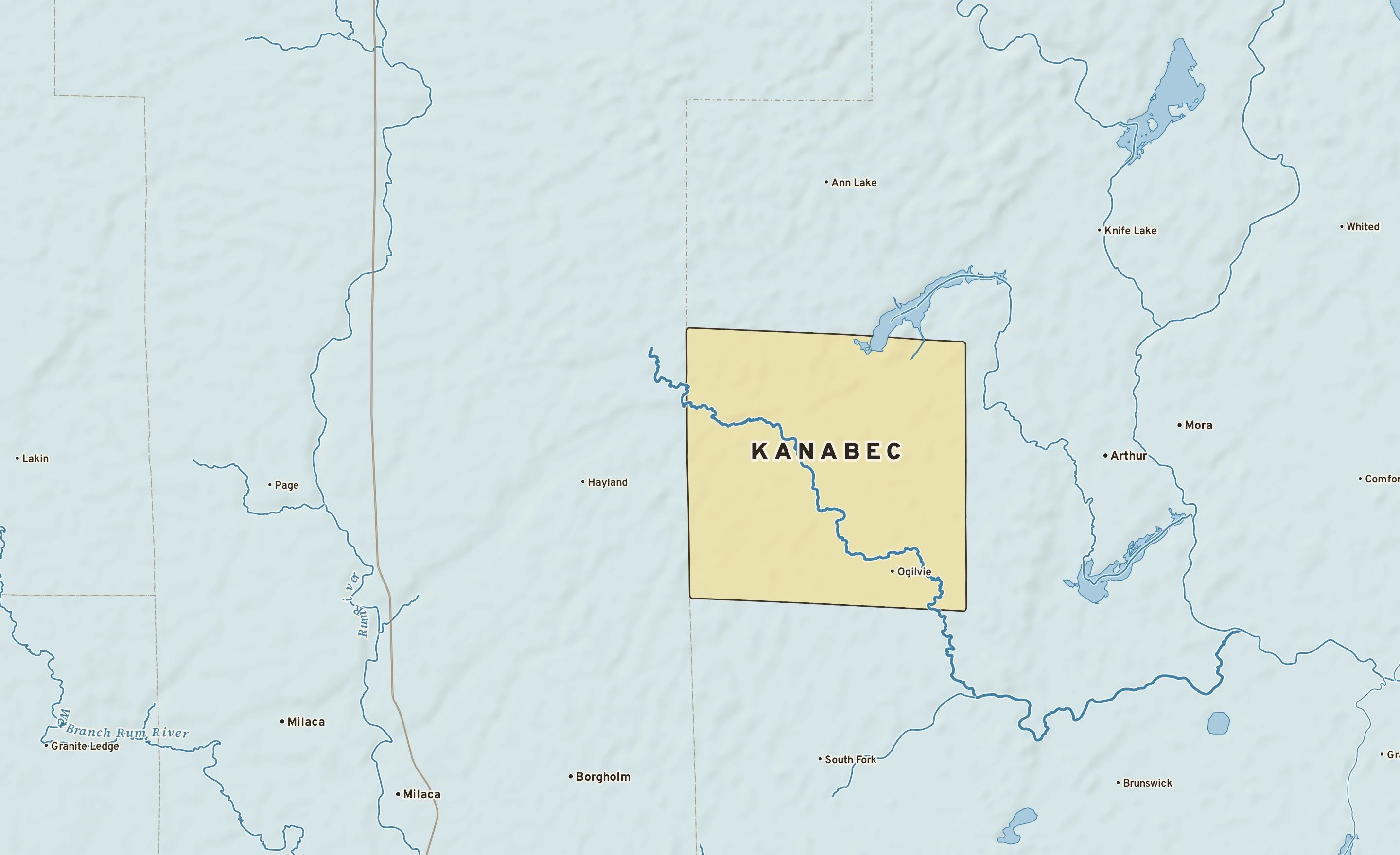 Shaded-relief atlas plate of Kanabec, Minnesota: rivers, roads, the city limits and where the water drains.