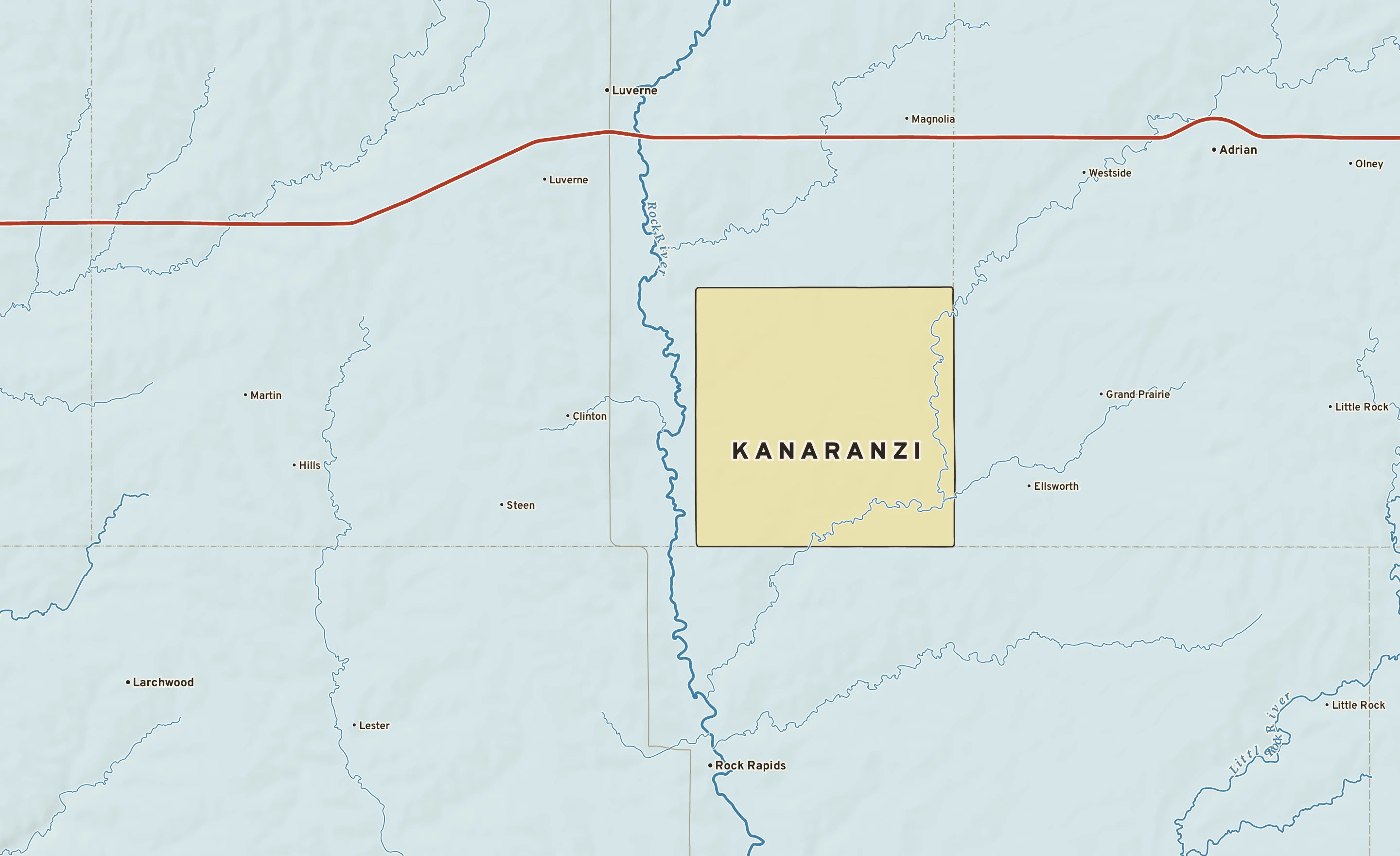 Shaded-relief atlas plate of Kanaranzi, Minnesota: rivers, roads, the city limits and where the water drains.