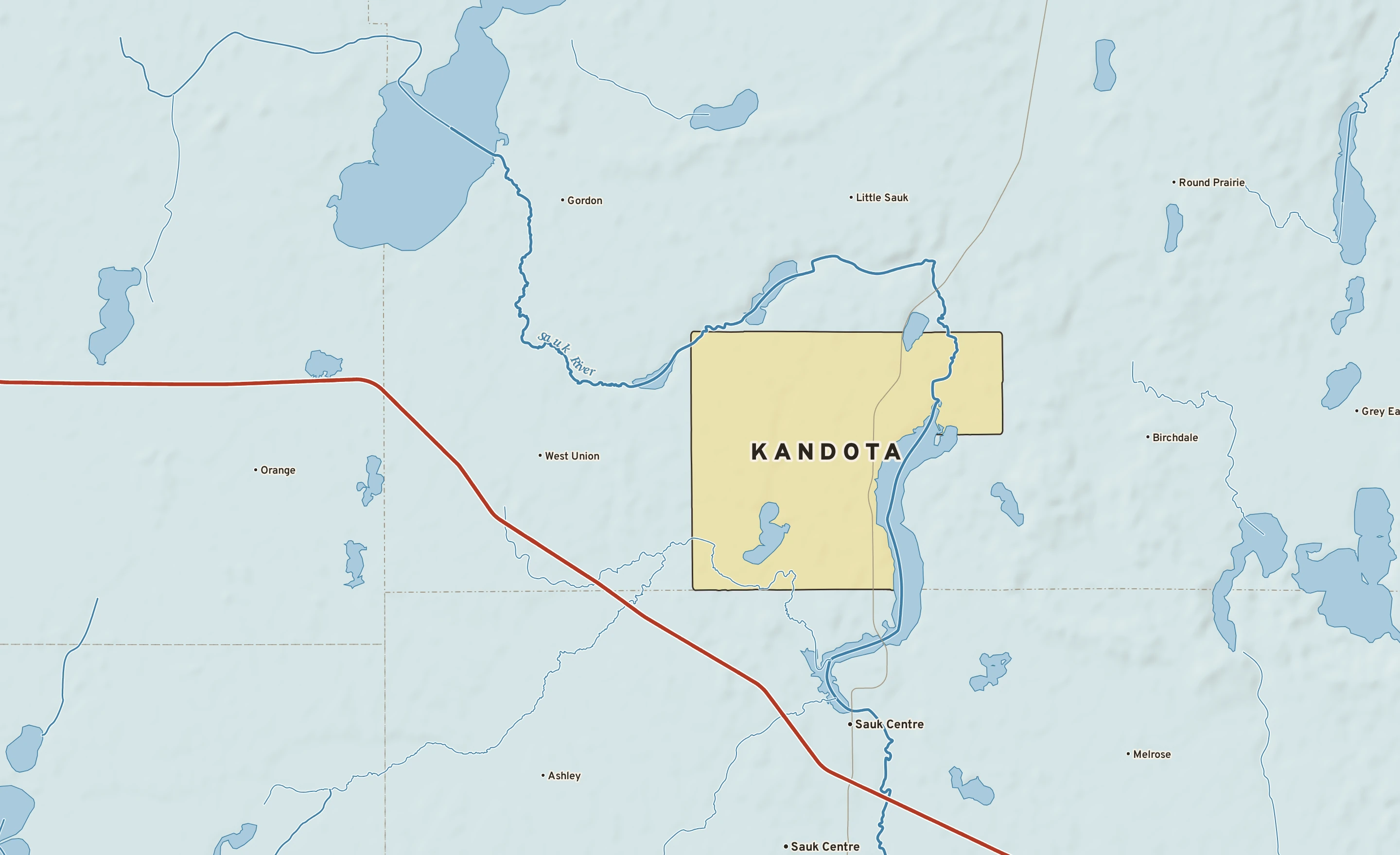 Shaded-relief atlas plate of Kandota, Minnesota: rivers, roads, the city limits and where the water drains.