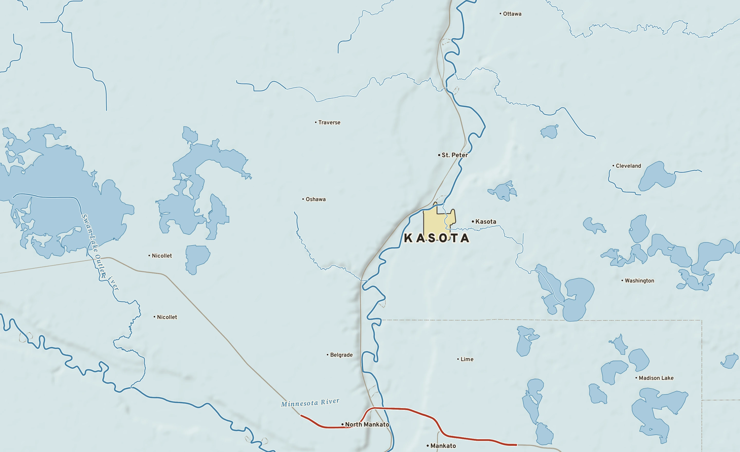 Shaded-relief atlas plate of Kasota, Minnesota: rivers, roads, the city limits and where the water drains.