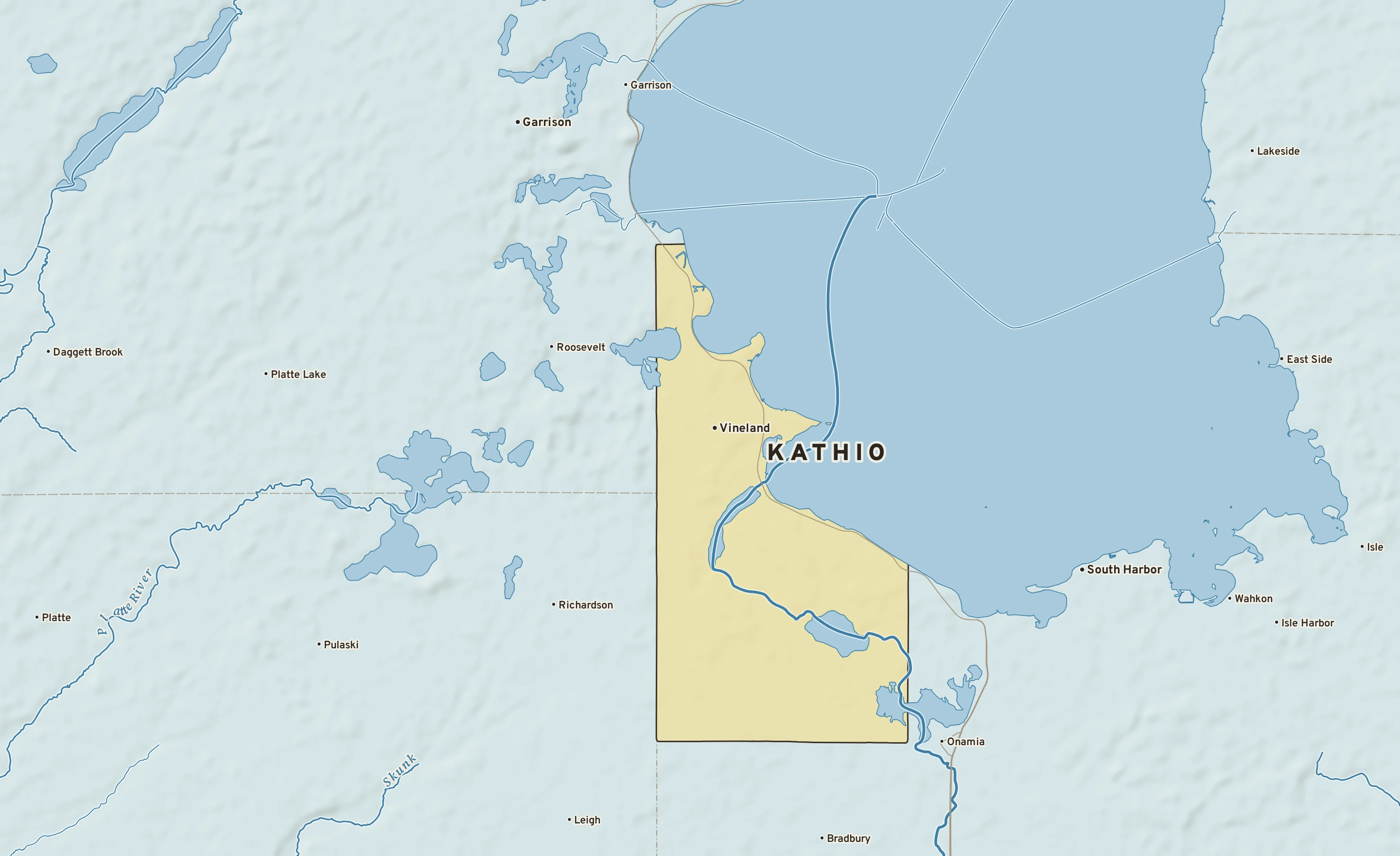 Shaded-relief atlas plate of Kathio, Minnesota: rivers, roads, the city limits and where the water drains.