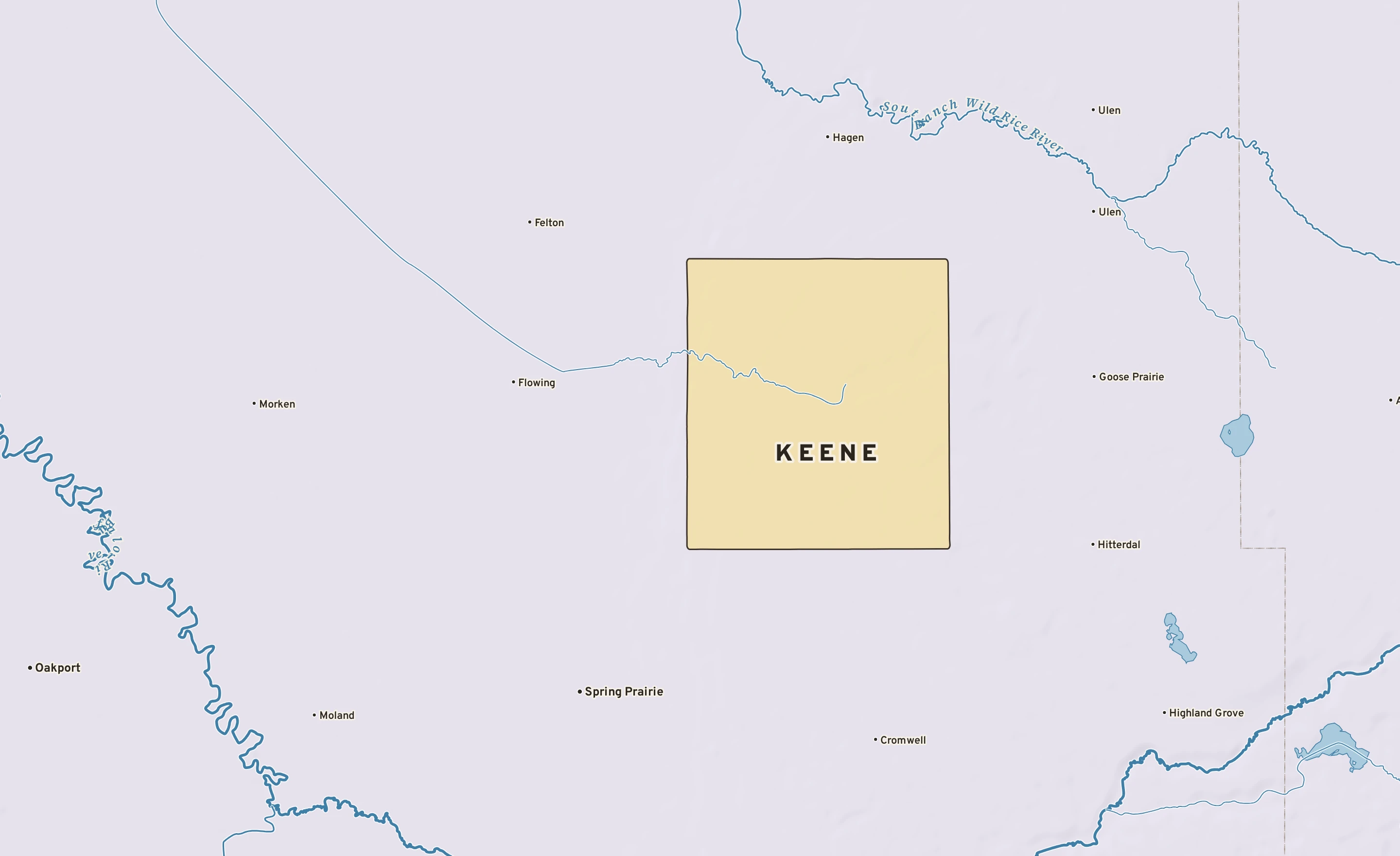 Shaded-relief atlas plate of Keene, Minnesota: rivers, roads, the city limits and where the water drains.