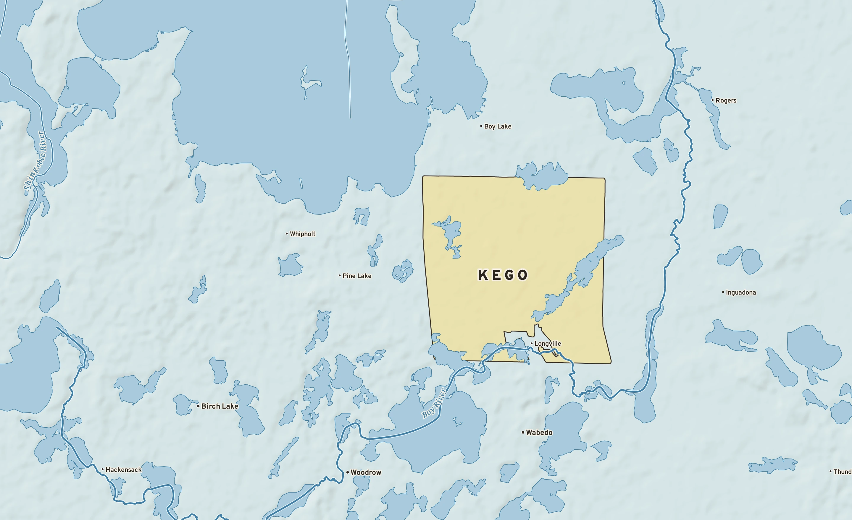 Shaded-relief atlas plate of Kego, Minnesota: rivers, roads, the city limits and where the water drains.