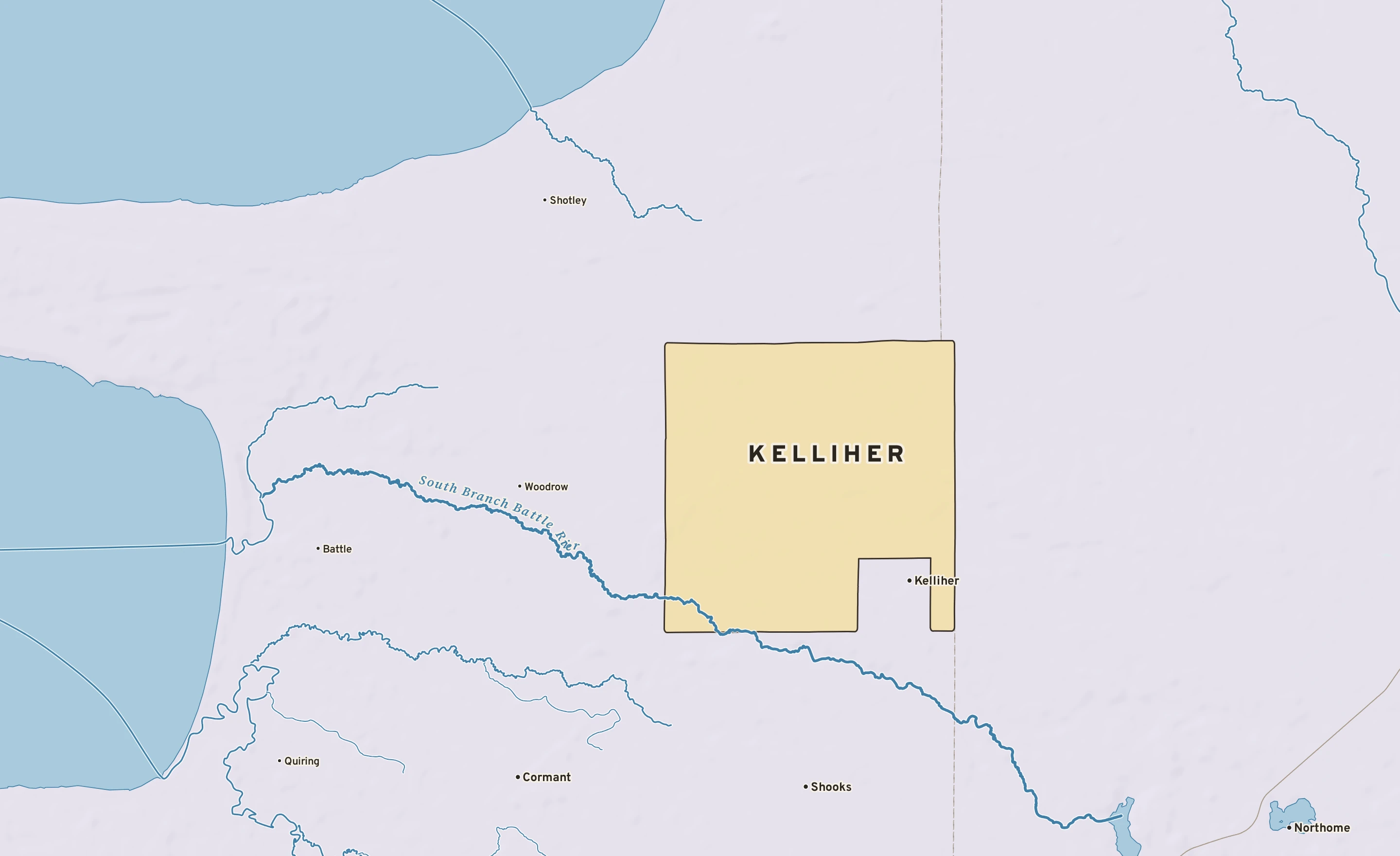 Shaded-relief atlas plate of Kelliher, Minnesota: rivers, roads, the city limits and where the water drains.