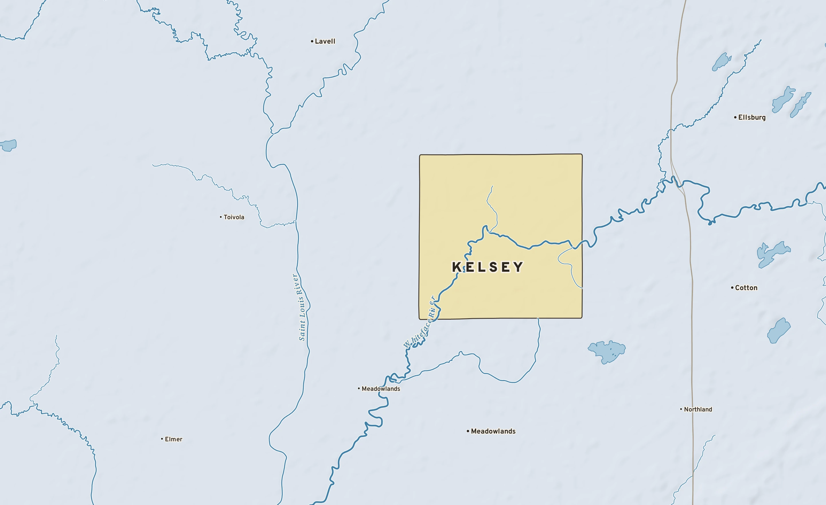 Shaded-relief atlas plate of Kelsey, Minnesota: rivers, roads, the city limits and where the water drains.