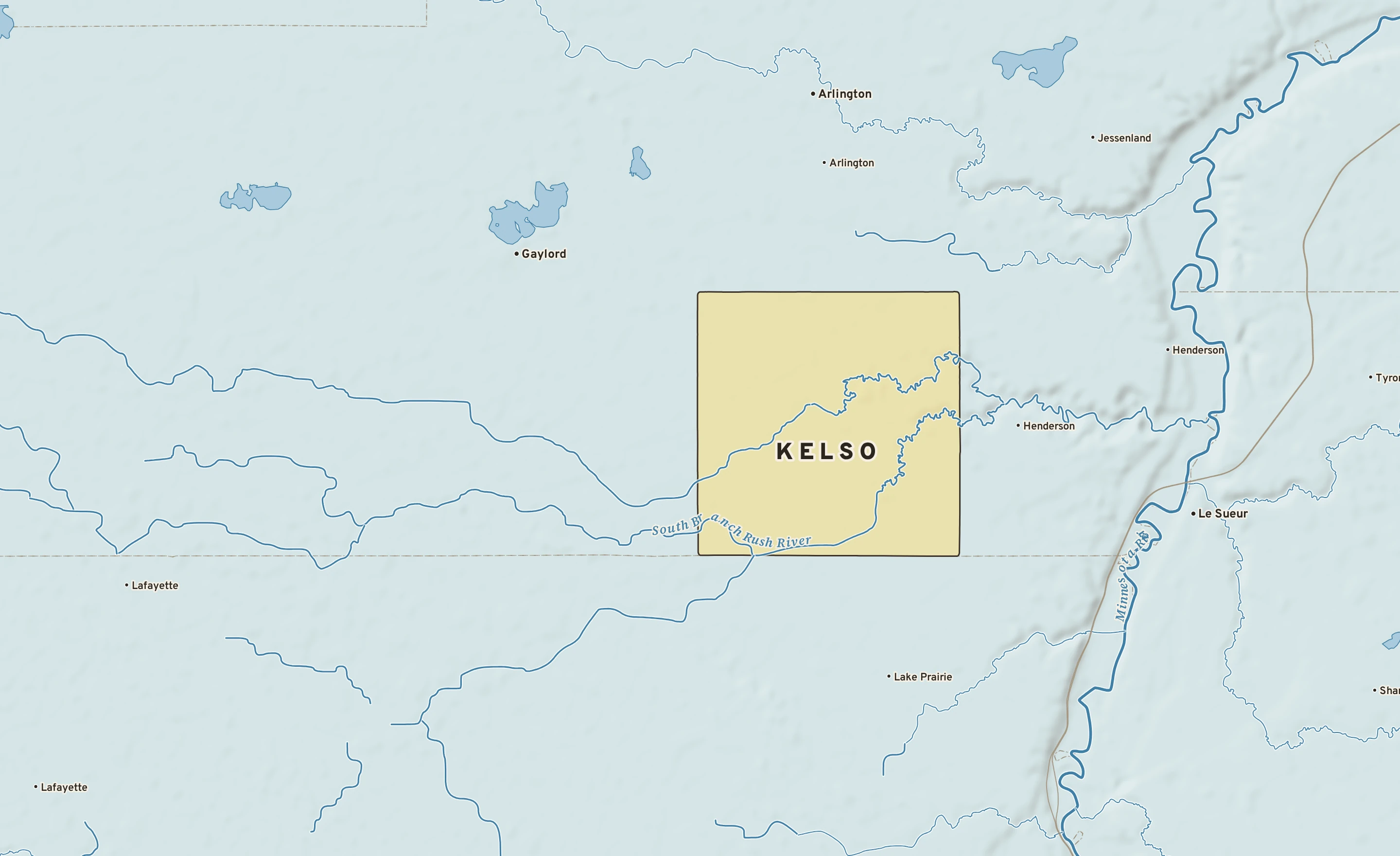 Shaded-relief atlas plate of Kelso, Minnesota: rivers, roads, the city limits and where the water drains.