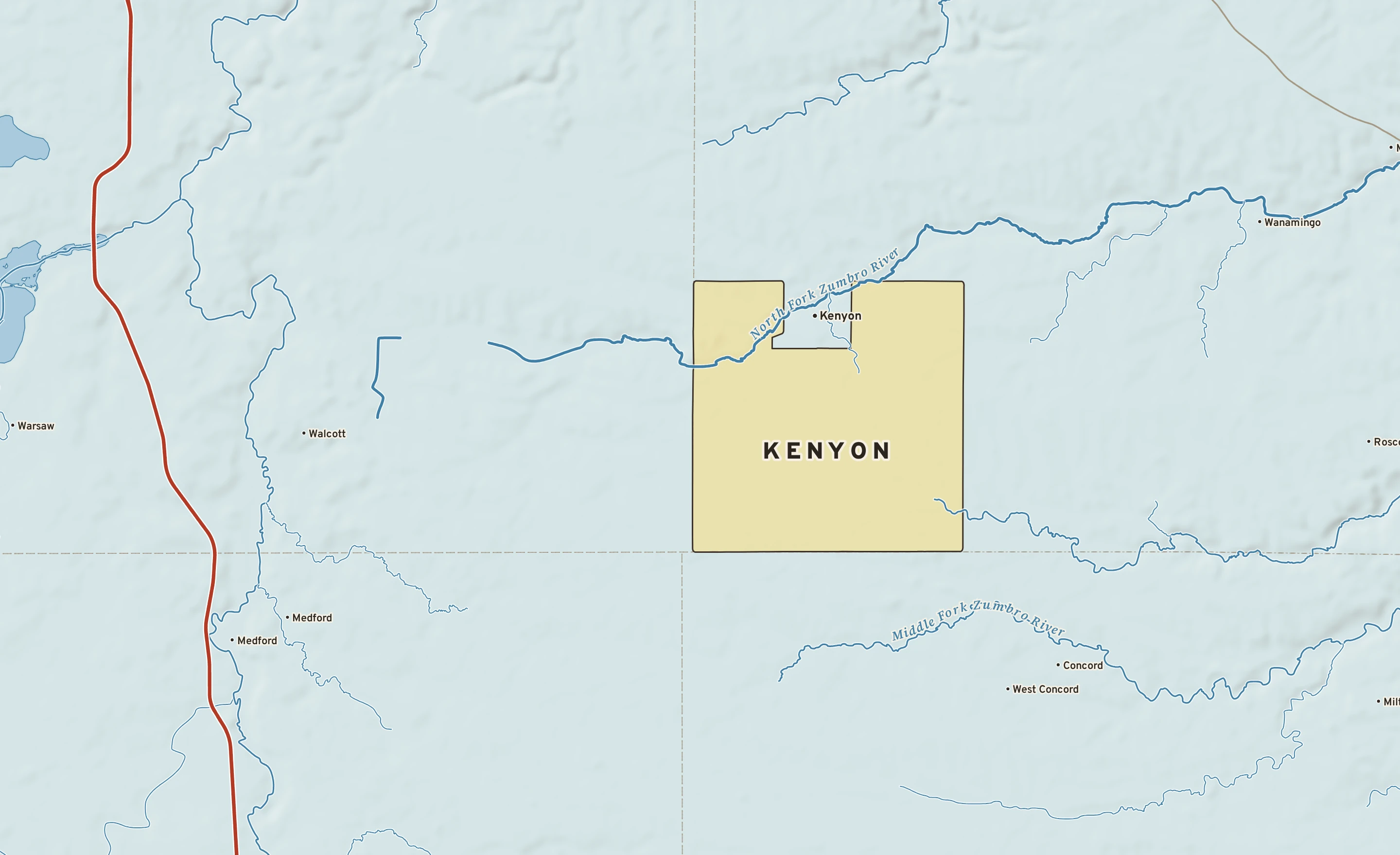 Shaded-relief atlas plate of Kenyon, Minnesota: rivers, roads, the city limits and where the water drains.